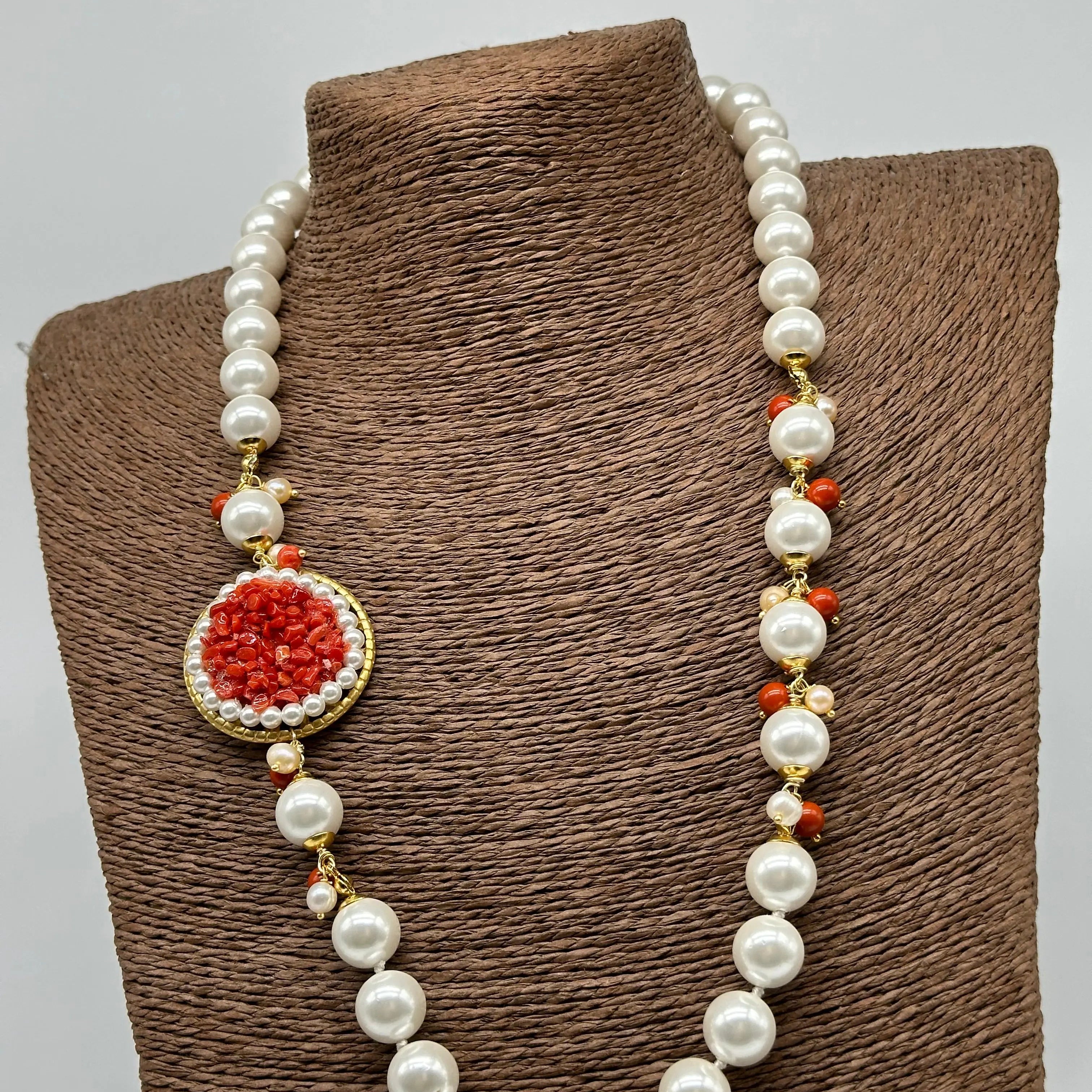 Collana Ceramica di Caltagirone Medaglione Corallo e Perle V.3 DD CERAMICHE SICILIANE