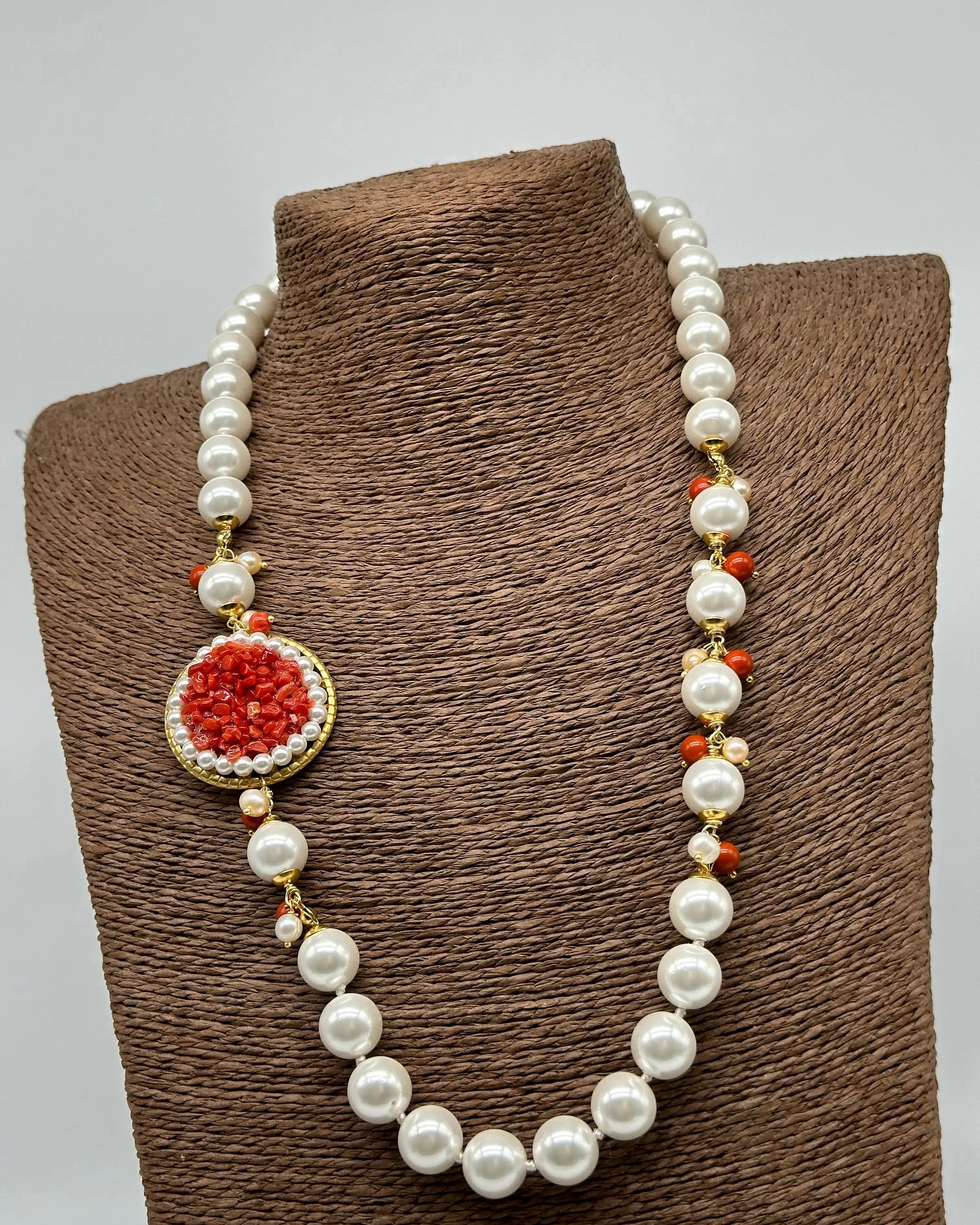 Collana Ceramica di Caltagirone Medaglione Corallo e Perle V.3 DD CERAMICHE SICILIANE