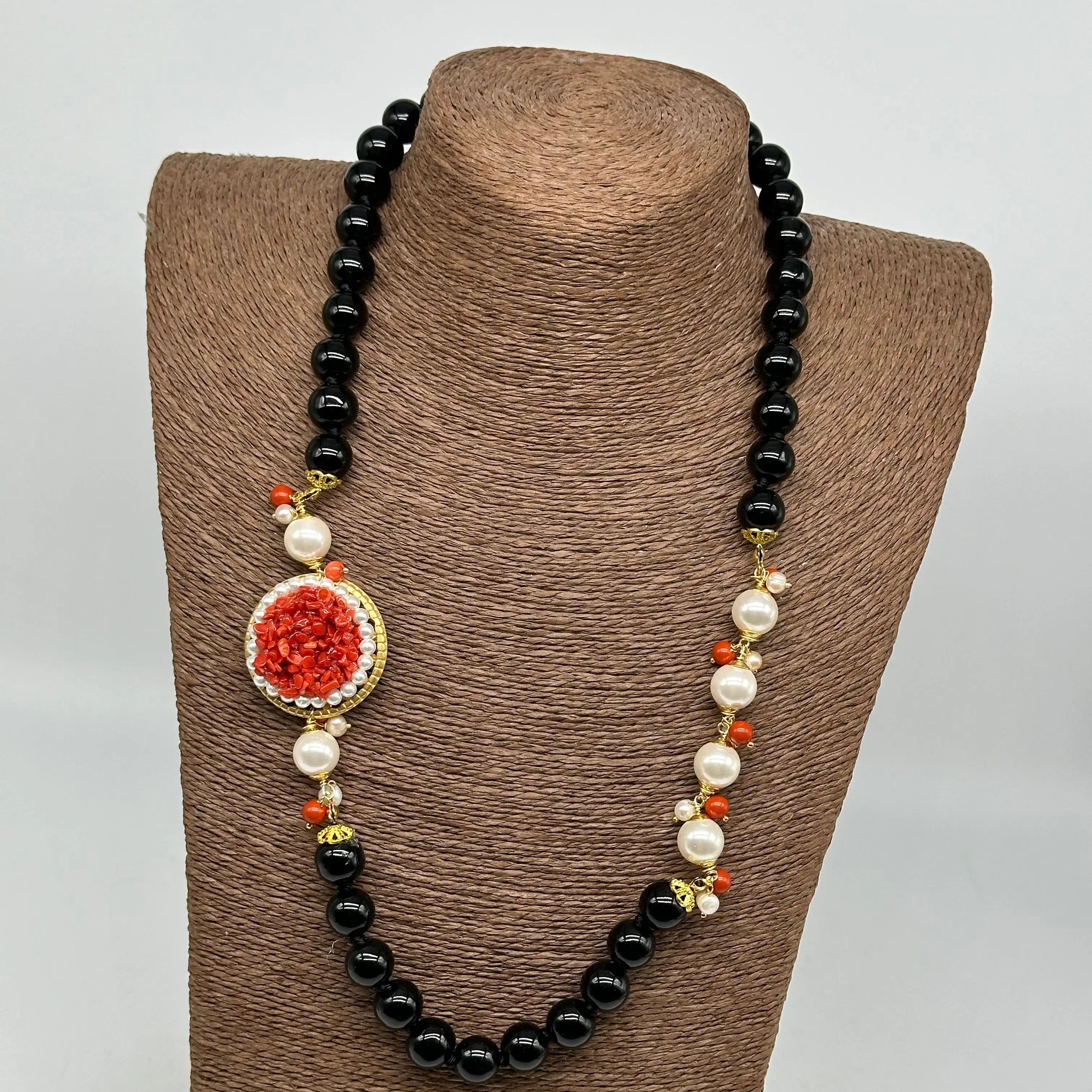 Collana Ceramica di Caltagirone Medaglione Corallo e Perle V.4 DD CERAMICHE SICILIANE