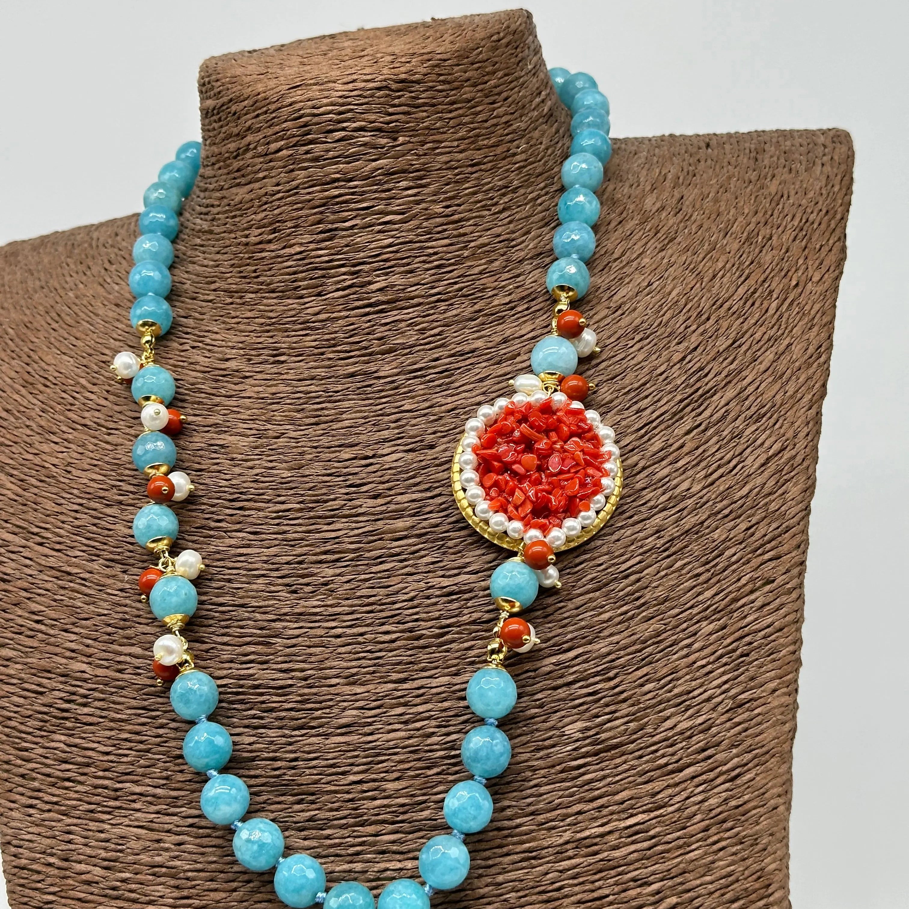 Collana Ceramica di Caltagirone Medaglione Corallo e Perle V.3 DD CERAMICHE SICILIANE