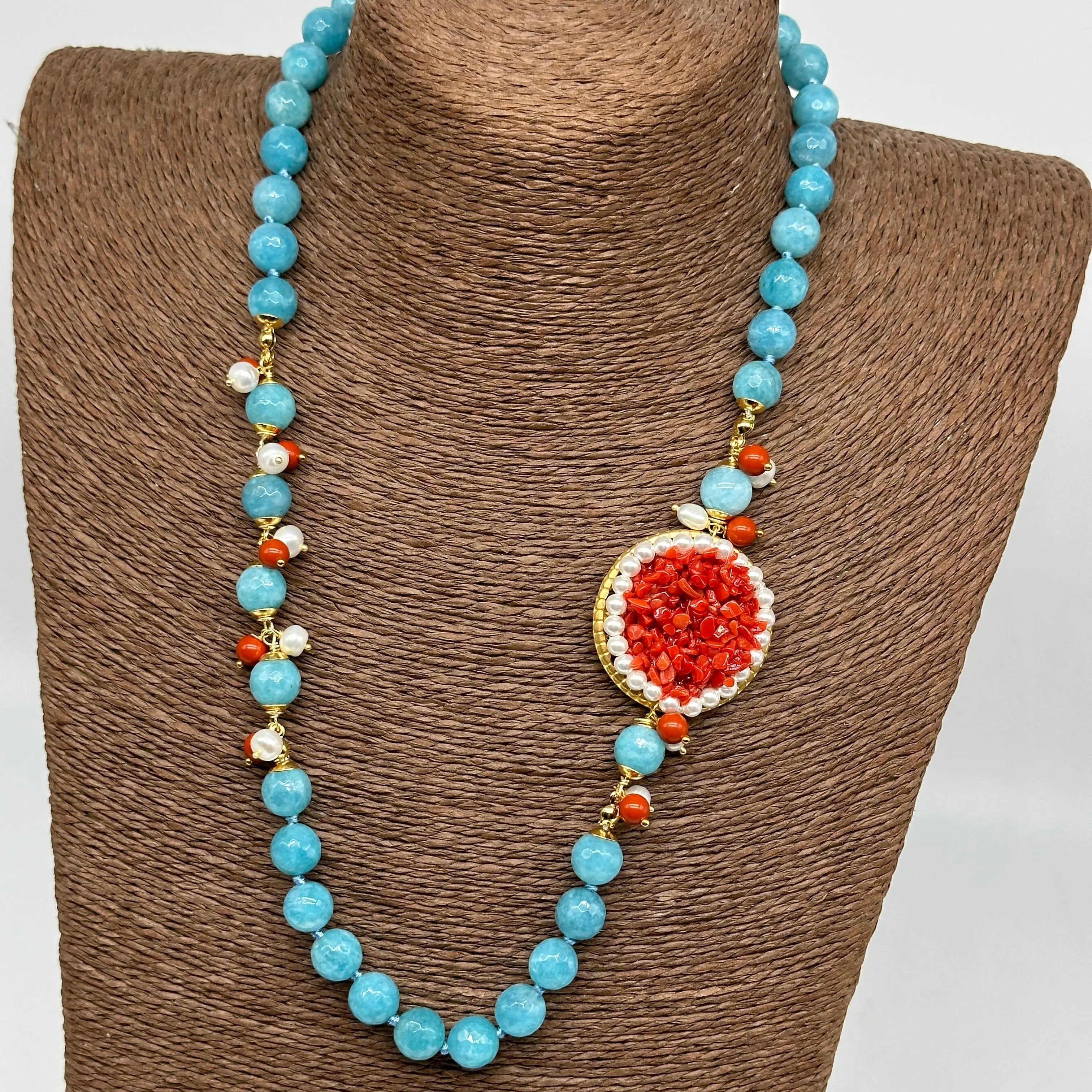 Collana Ceramica di Caltagirone Medaglione Corallo e Perle V.3 DD CERAMICHE SICILIANE