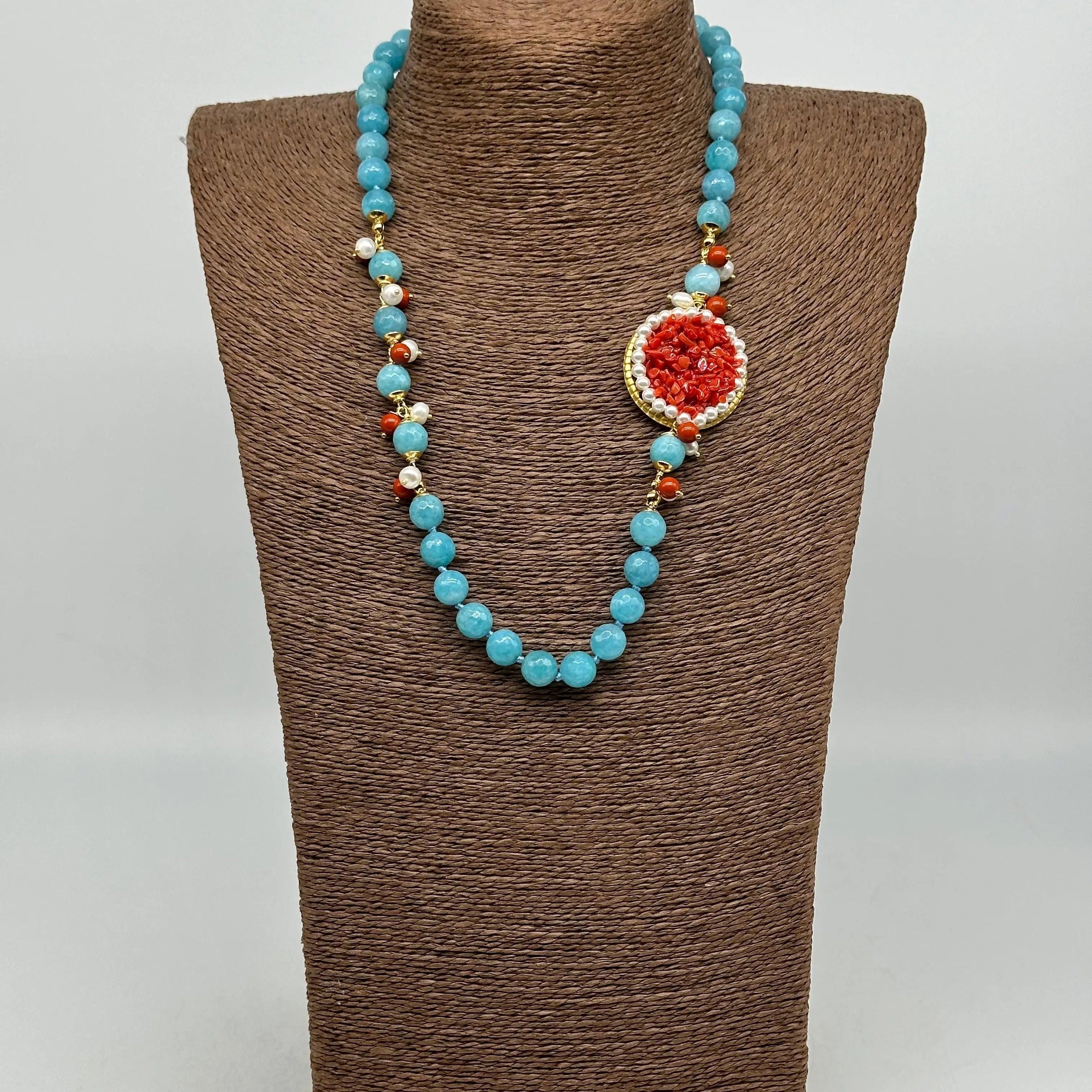 Collana Ceramica di Caltagirone Medaglione Corallo e Perle V.3 DD CERAMICHE SICILIANE