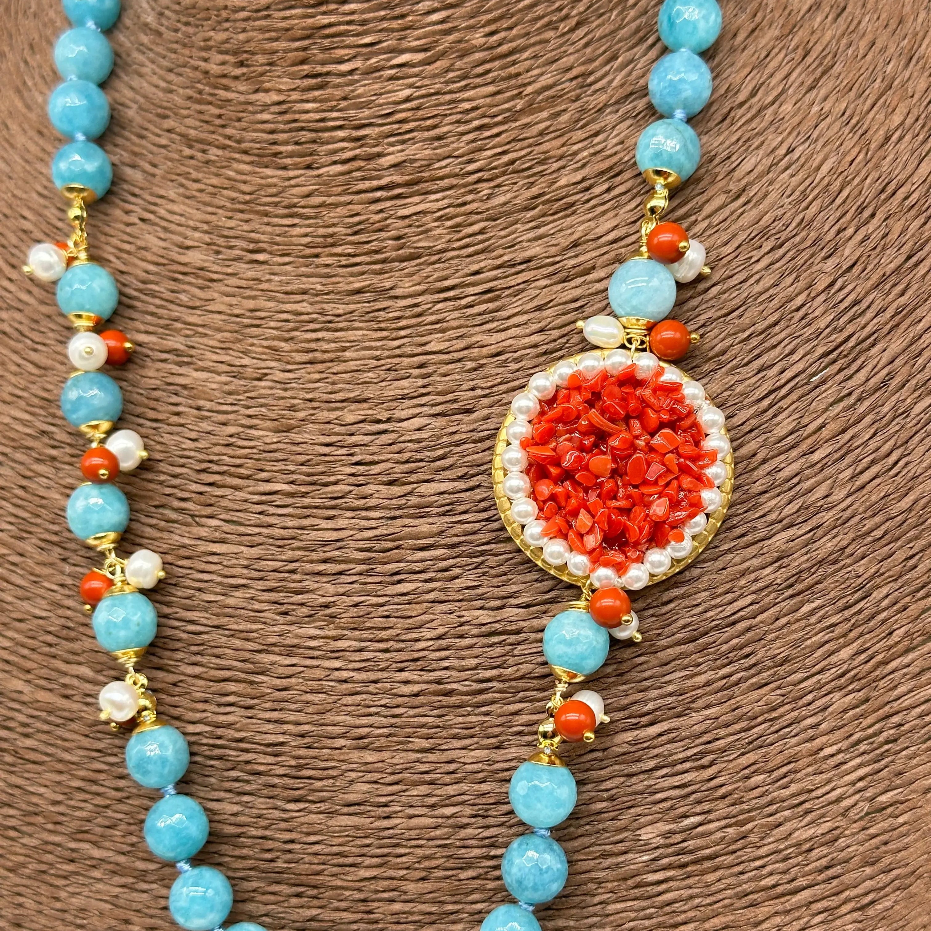 Collana Ceramica di Caltagirone Medaglione Corallo e Perle V.3 DD CERAMICHE SICILIANE