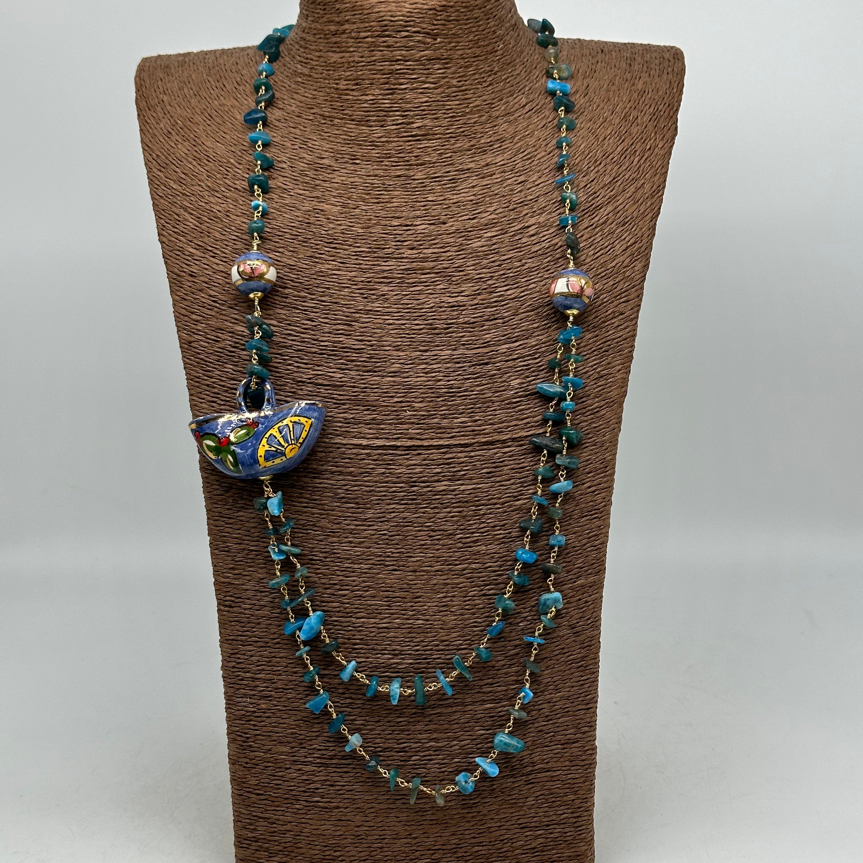 Collana Coffa Siciliana decorata Azzurro Ceramica di Caltagirone - COLLANA