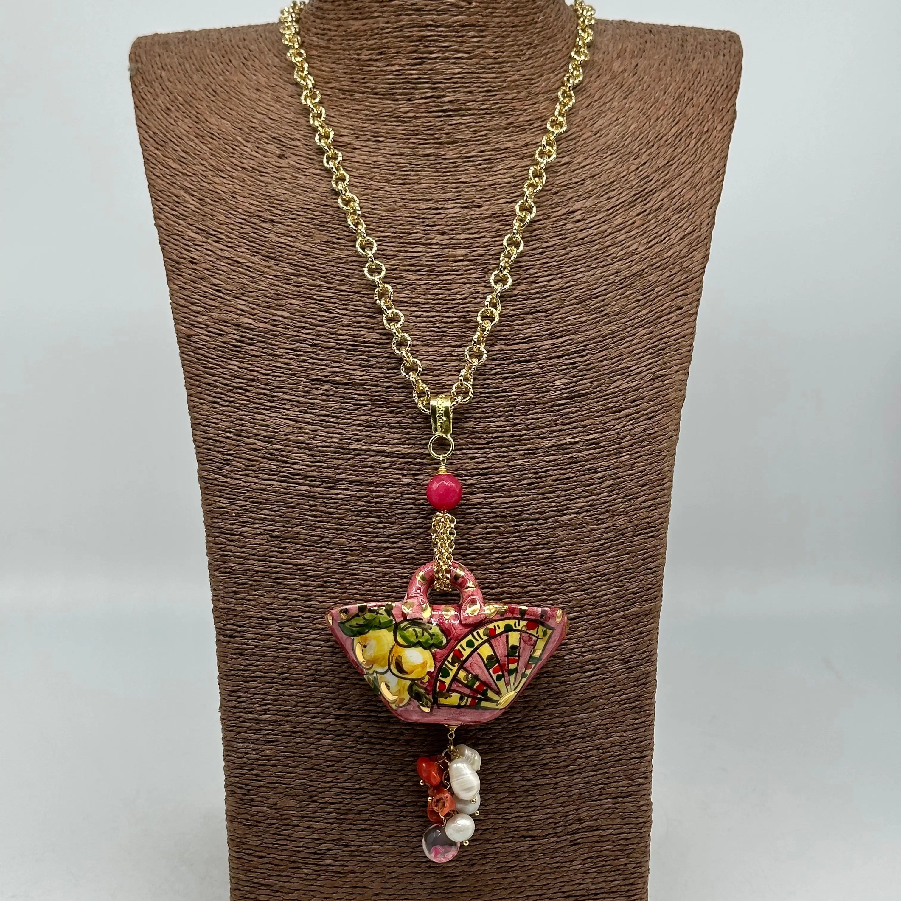 Collana Coffa Siciliana decorata Carretto Siciliano Ceramica di Caltagirone V.2 DD CERAMICHE SICILIANE