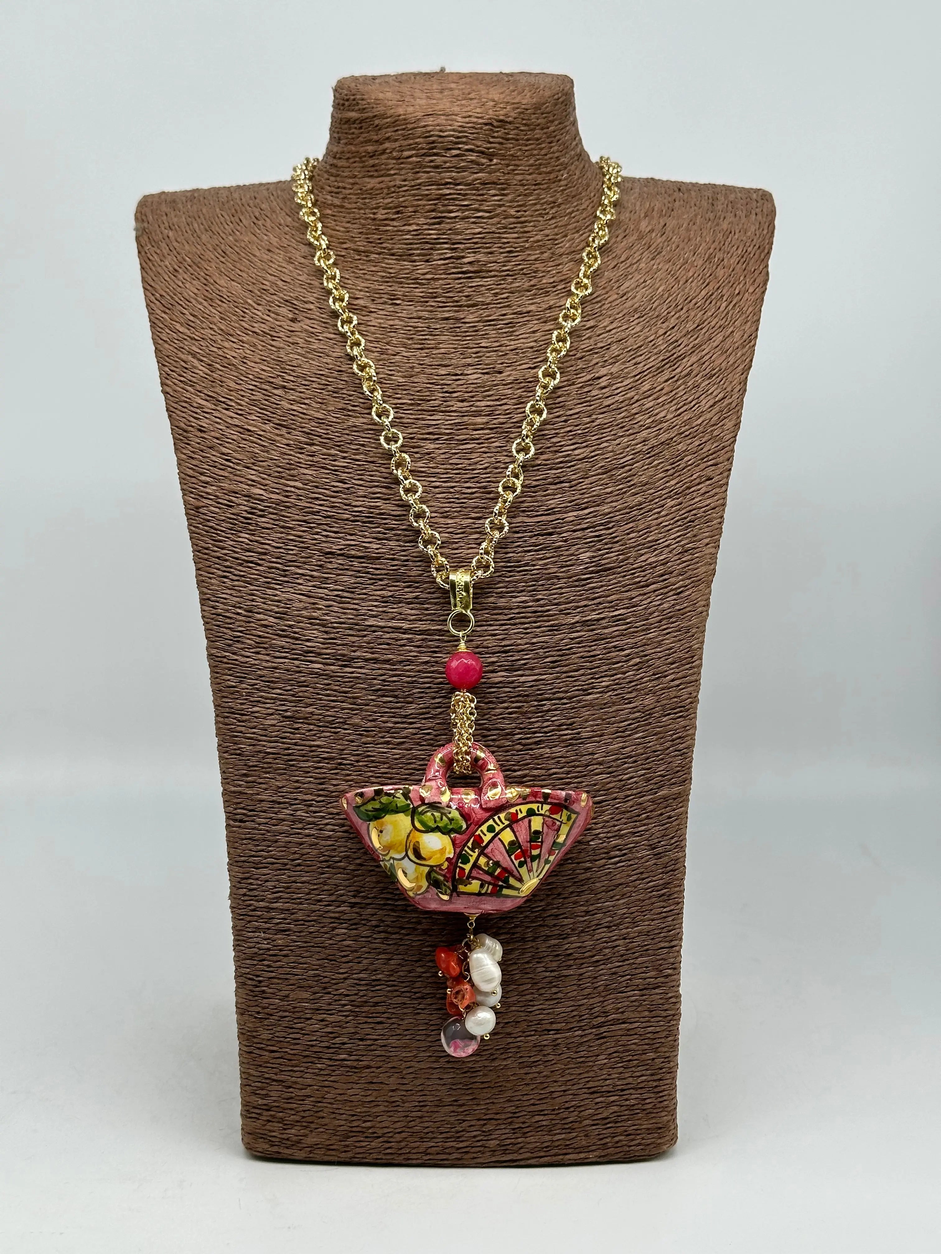 Collana Coffa Siciliana decorata Carretto Siciliano Ceramica di Caltagirone V.2 DD CERAMICHE SICILIANE