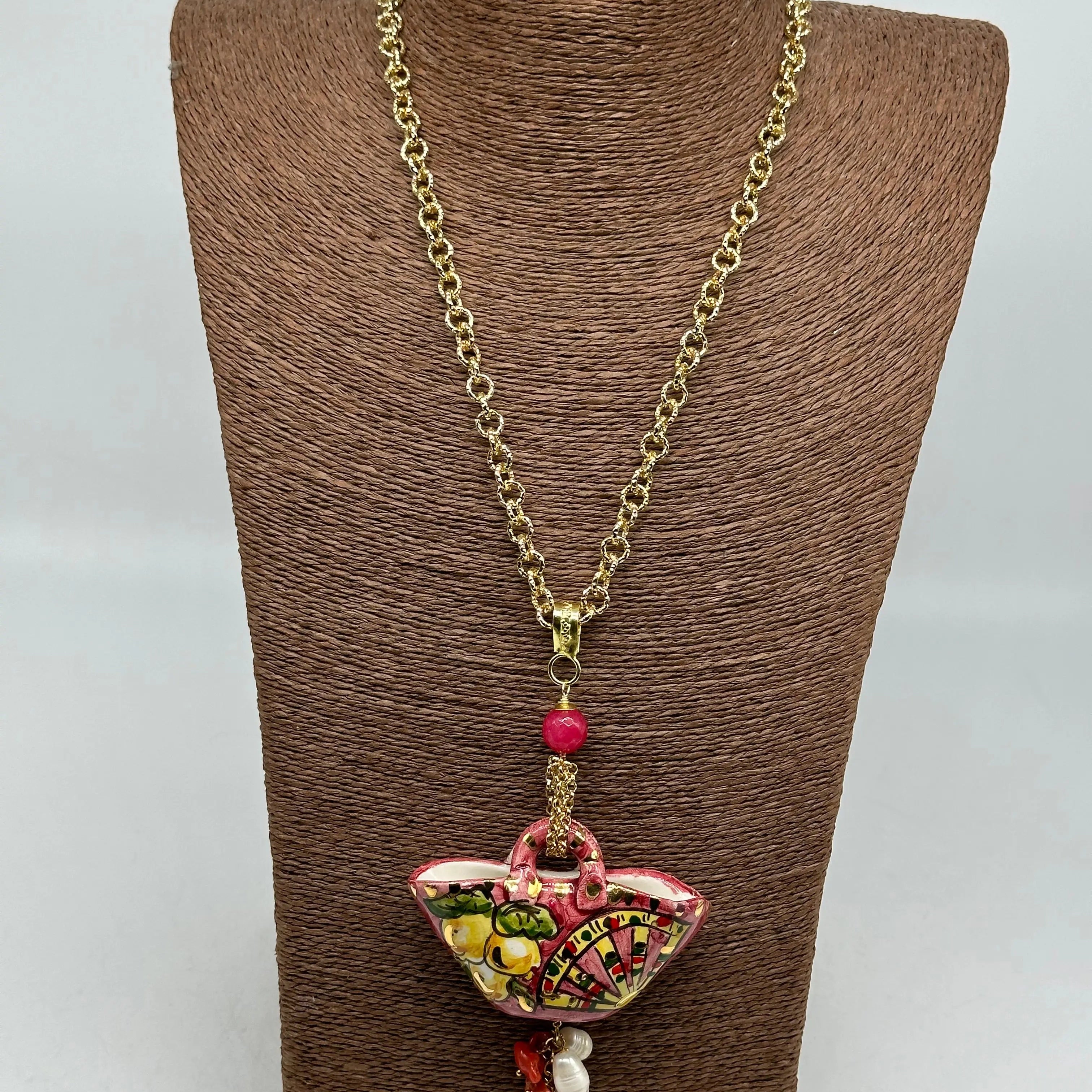 Collana Coffa Siciliana decorata Carretto Siciliano Ceramica di Caltagirone V.2 DD CERAMICHE SICILIANE