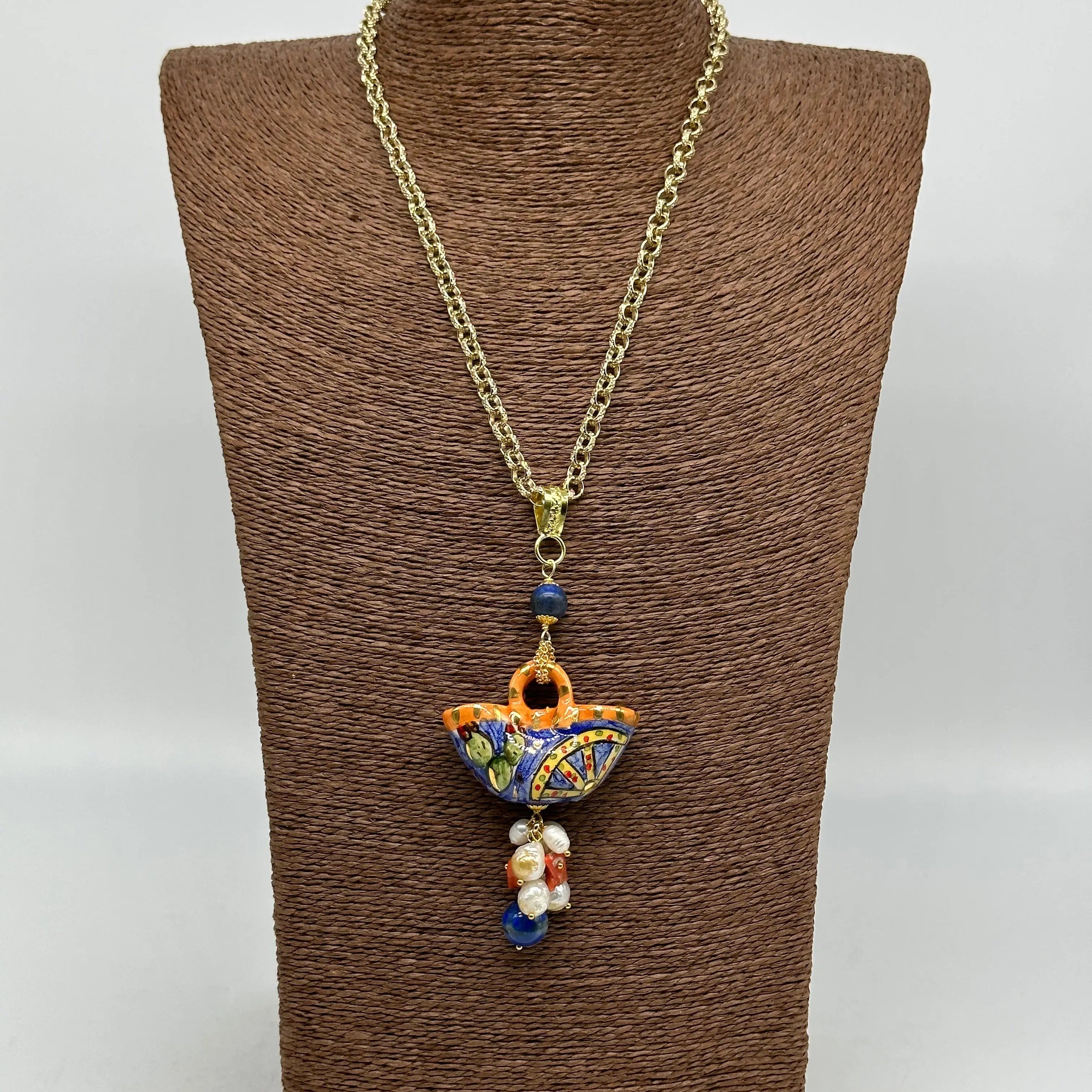 Collana Coffa Siciliana decorata Carretto Siciliano Ceramica di Caltagirone V.1 DD CERAMICHE SICILIANE