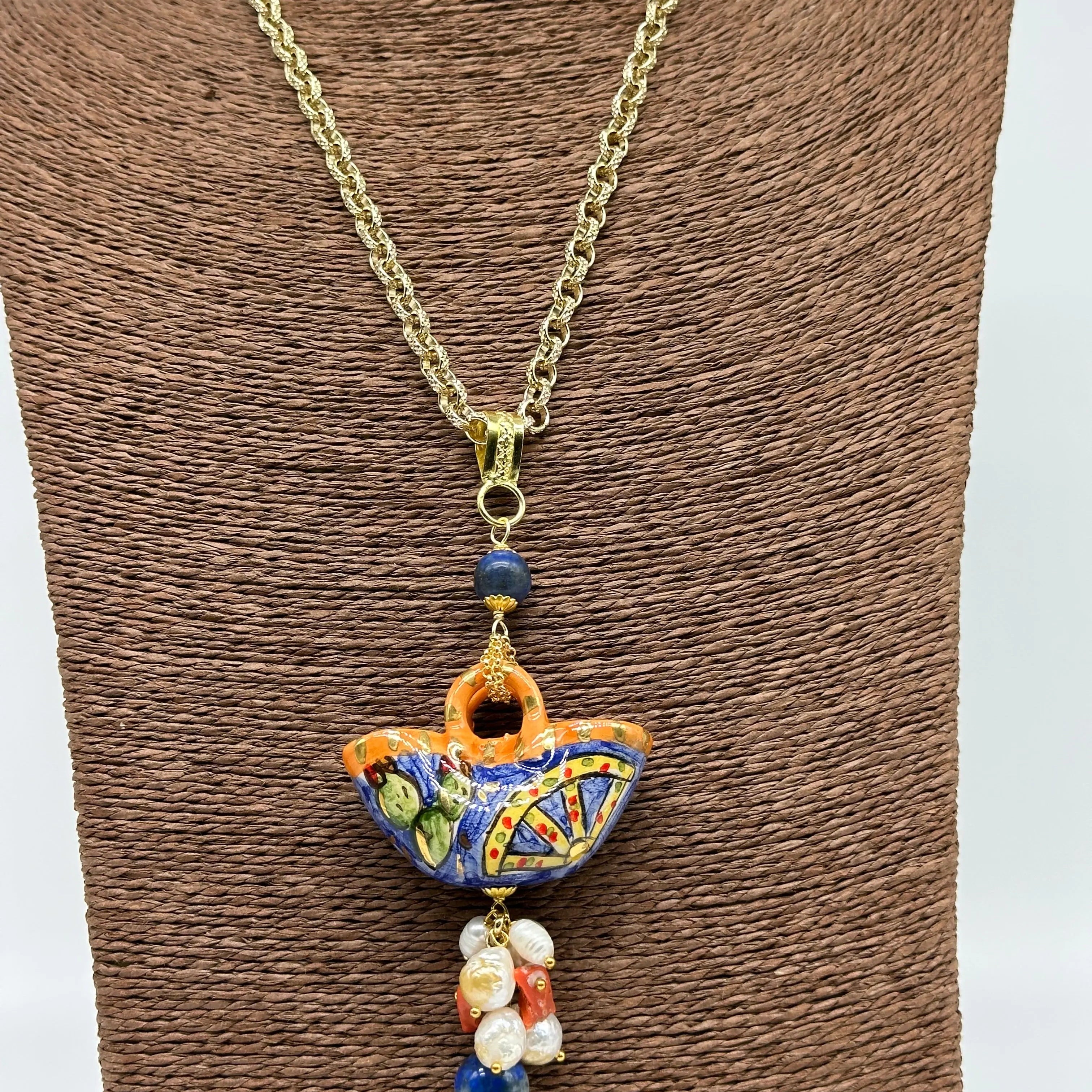 Collana Coffa Siciliana decorata Carretto Siciliano Ceramica di Caltagirone V.1 DD CERAMICHE SICILIANE