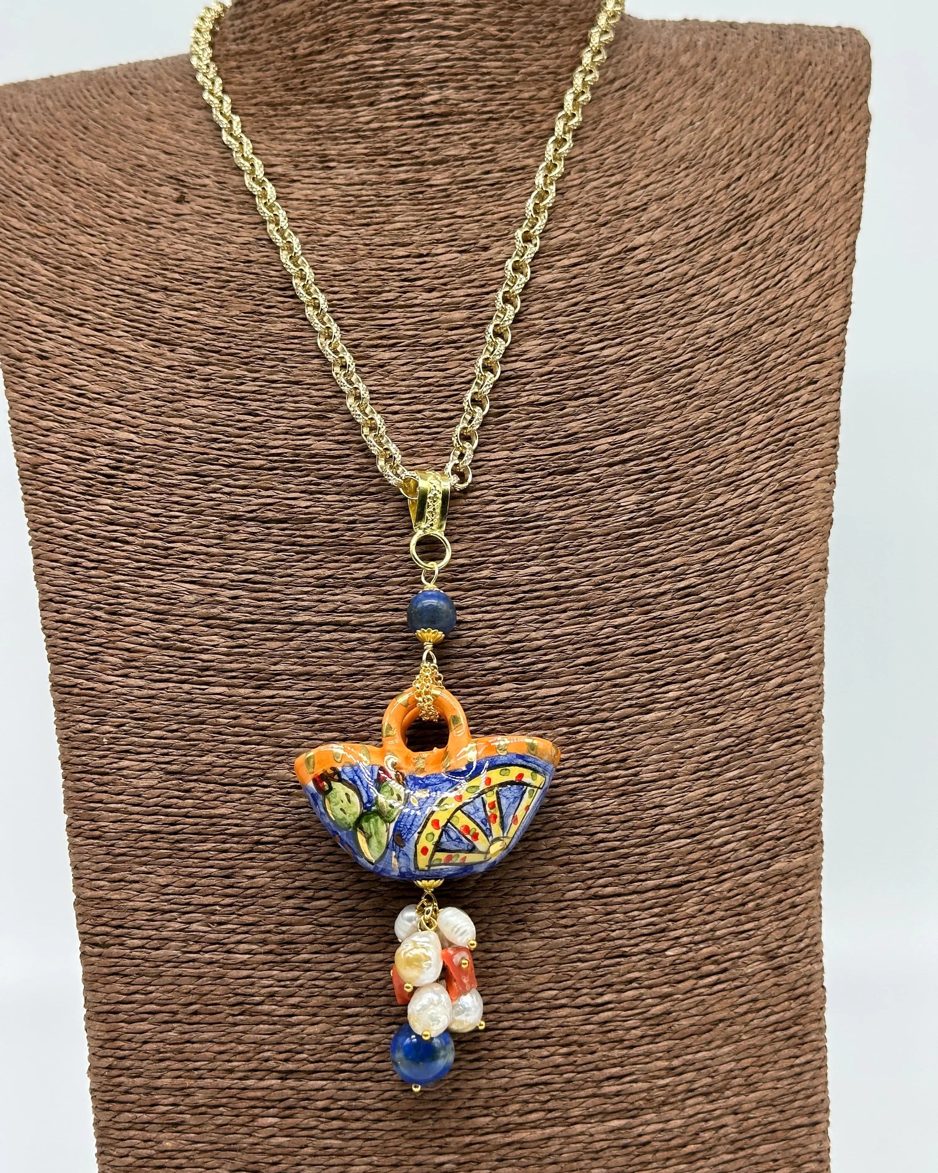 Collana Coffa Siciliana decorata Carretto Siciliano Ceramica di Caltagirone V.1 DD CERAMICHE SICILIANE