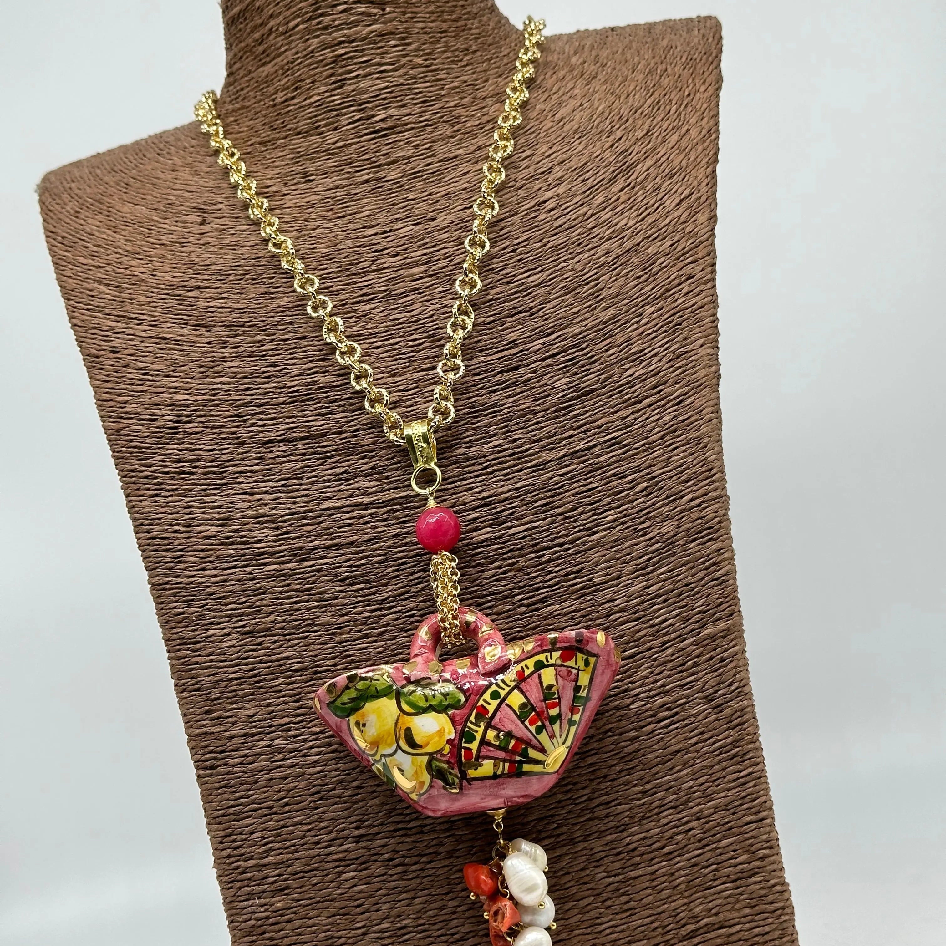Collana Coffa Siciliana decorata Carretto Siciliano Ceramica di Caltagirone V.2 DD CERAMICHE SICILIANE