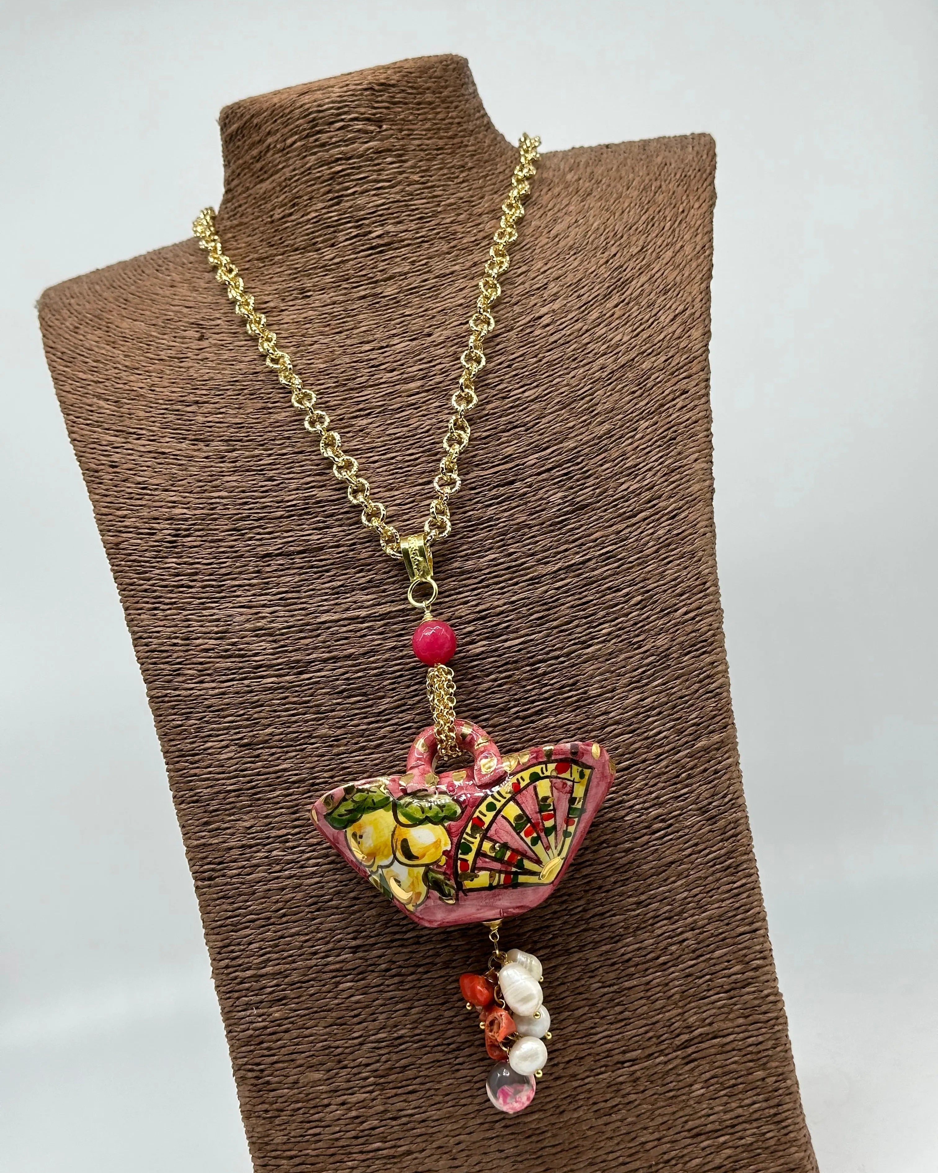 Collana Coffa Siciliana decorata Carretto Siciliano Ceramica di Caltagirone V.2 DD CERAMICHE SICILIANE