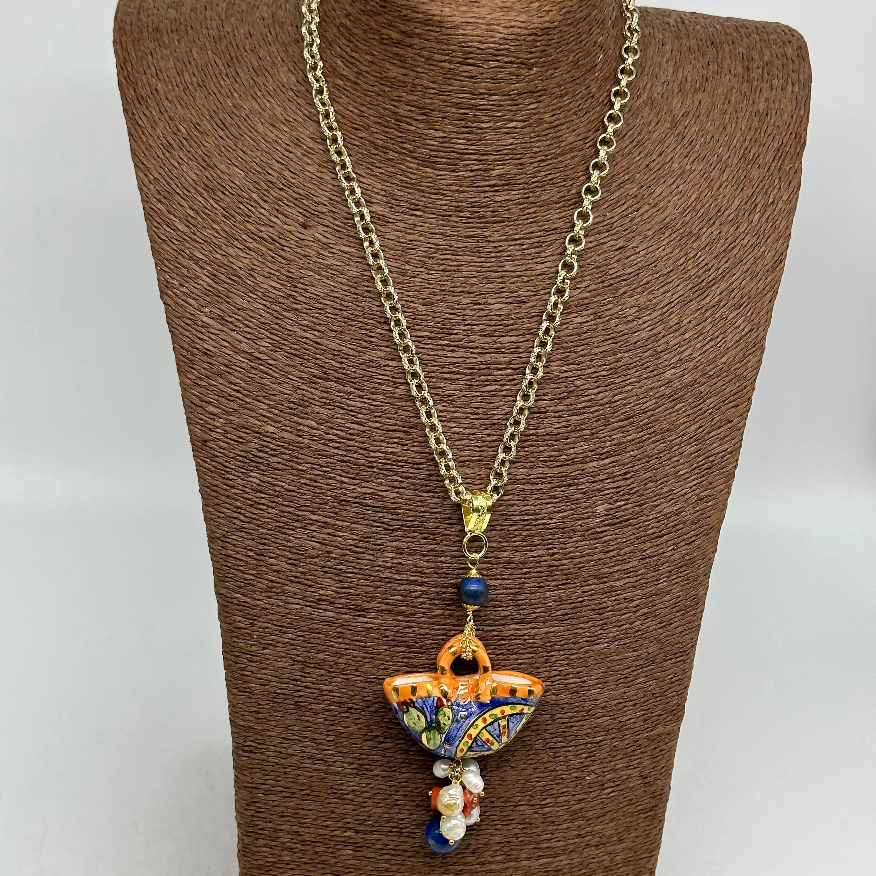 Collana Coffa Siciliana decorata Carretto Siciliano Ceramica di Caltagirone V.1 DD CERAMICHE SICILIANE