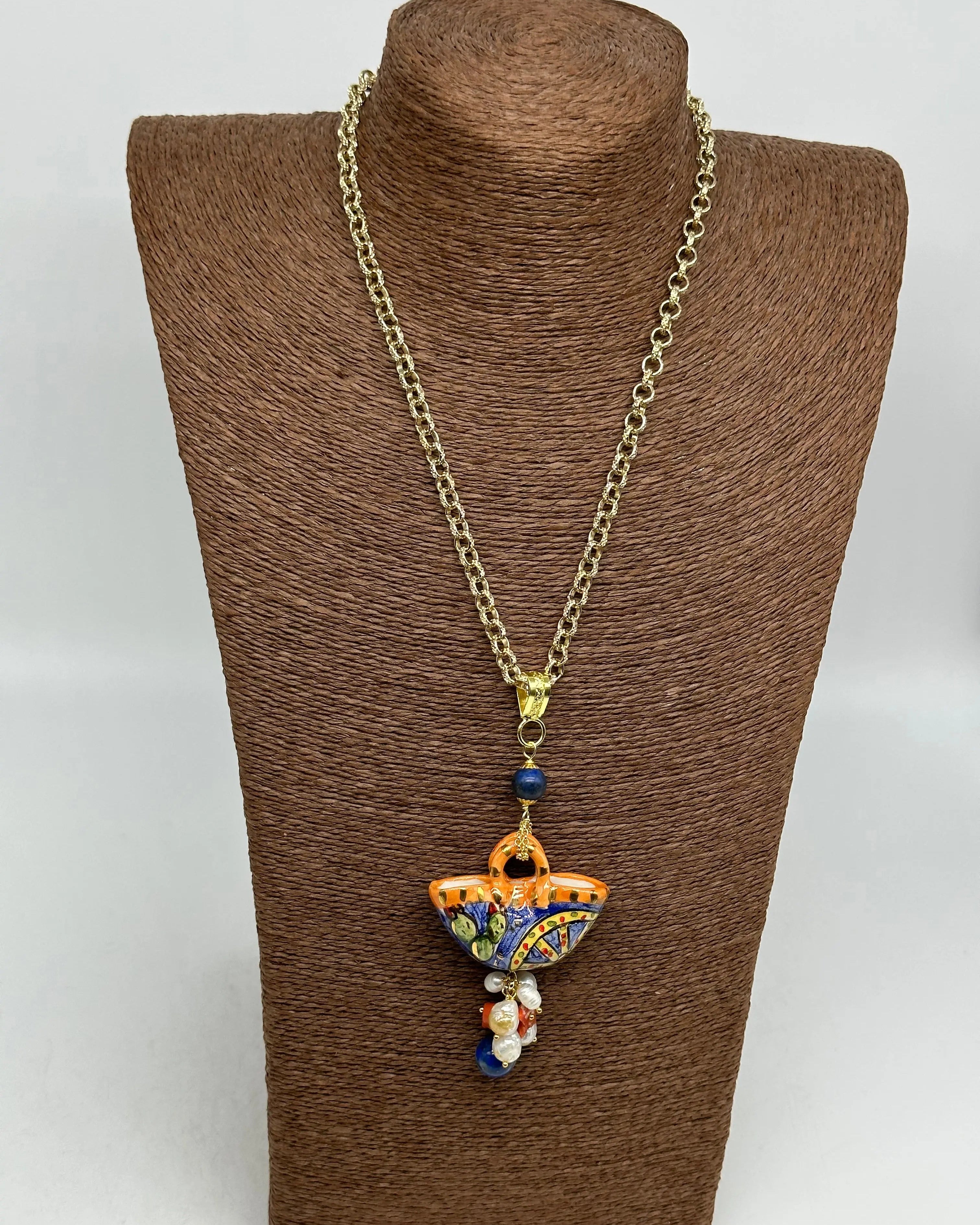Collana Coffa Siciliana decorata Carretto Siciliano Ceramica di Caltagirone V.1 DD CERAMICHE SICILIANE