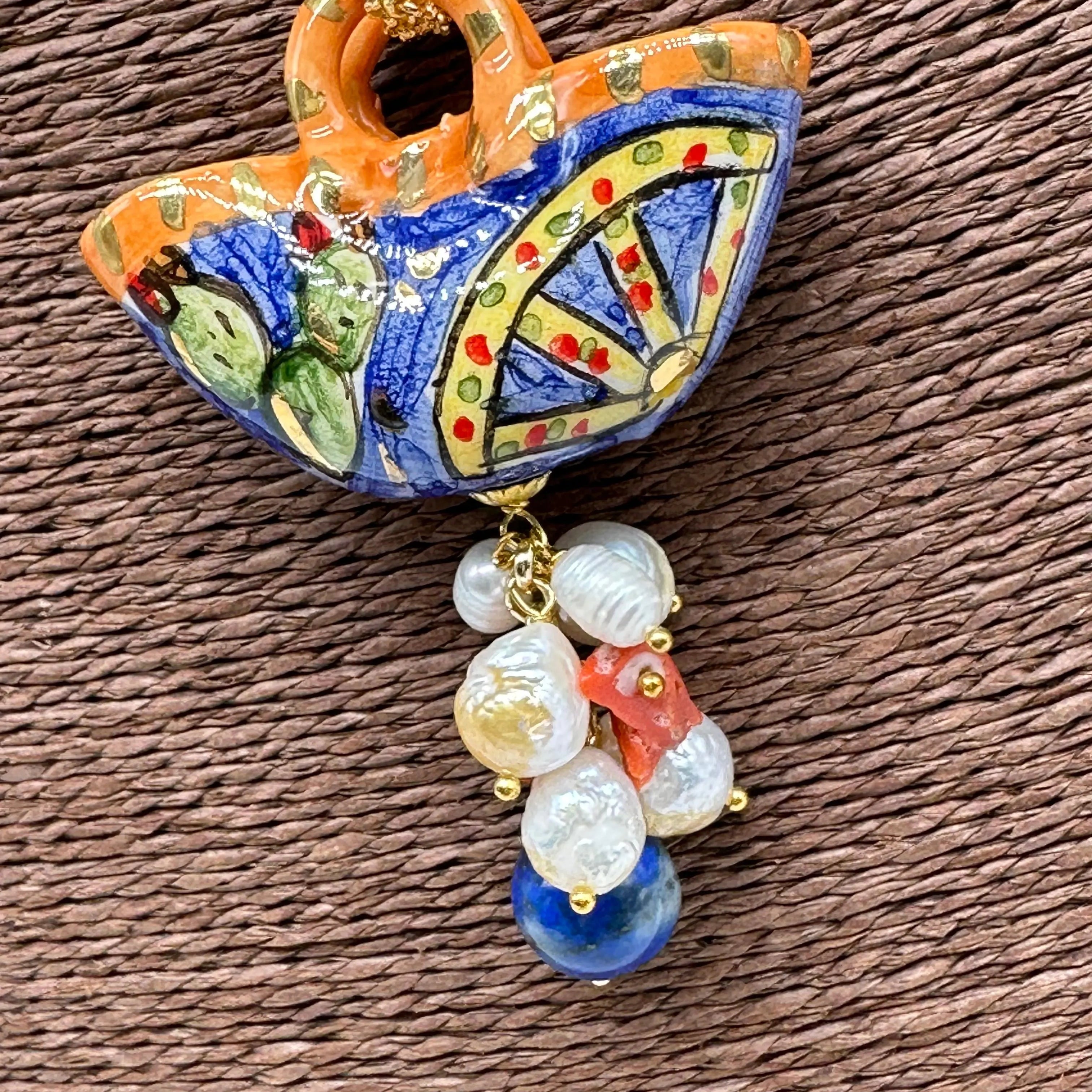 Collana Coffa Siciliana decorata Carretto Siciliano Ceramica di Caltagirone V.1 DD CERAMICHE SICILIANE