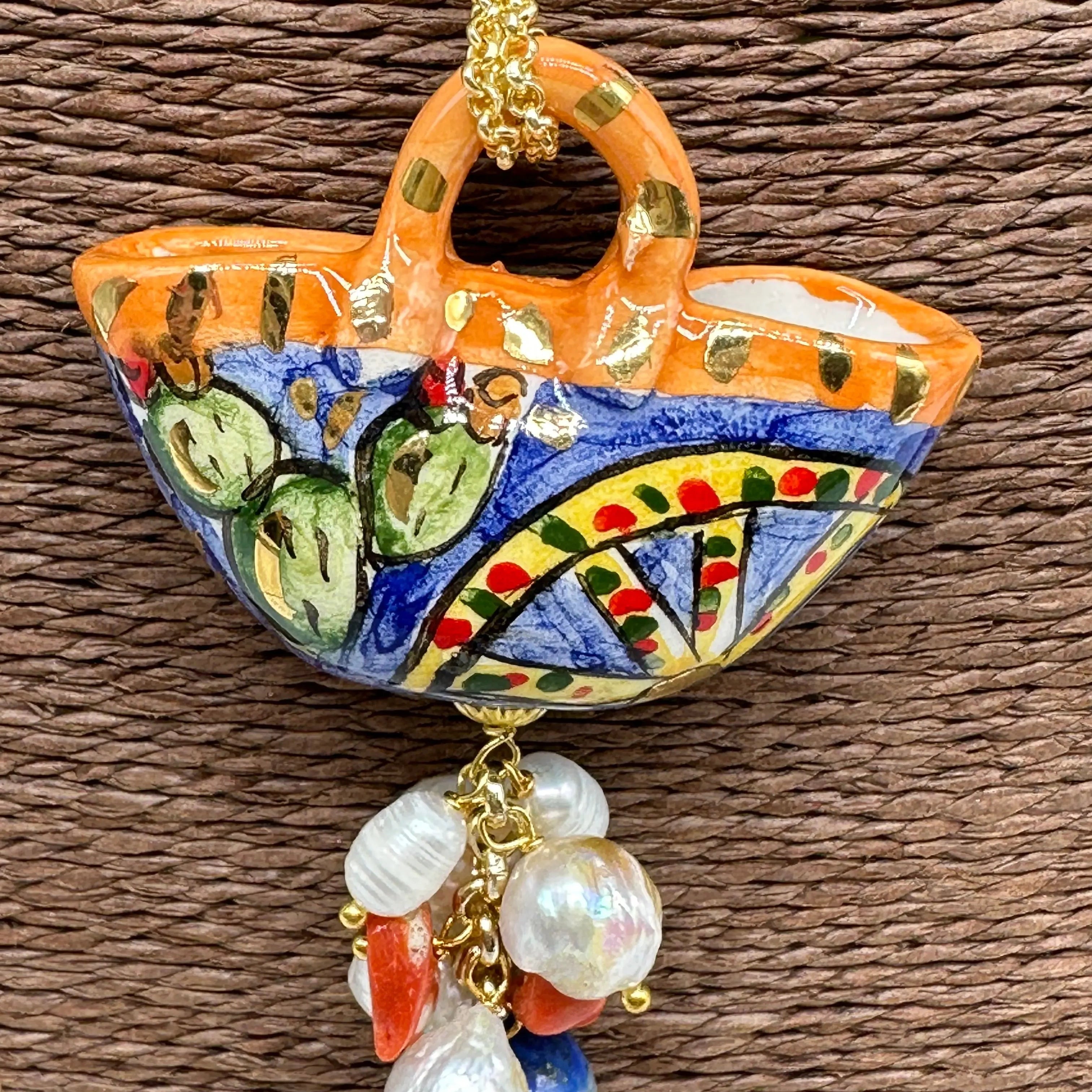 Collana Coffa Siciliana decorata Carretto Siciliano Ceramica di Caltagirone V.1 DD CERAMICHE SICILIANE