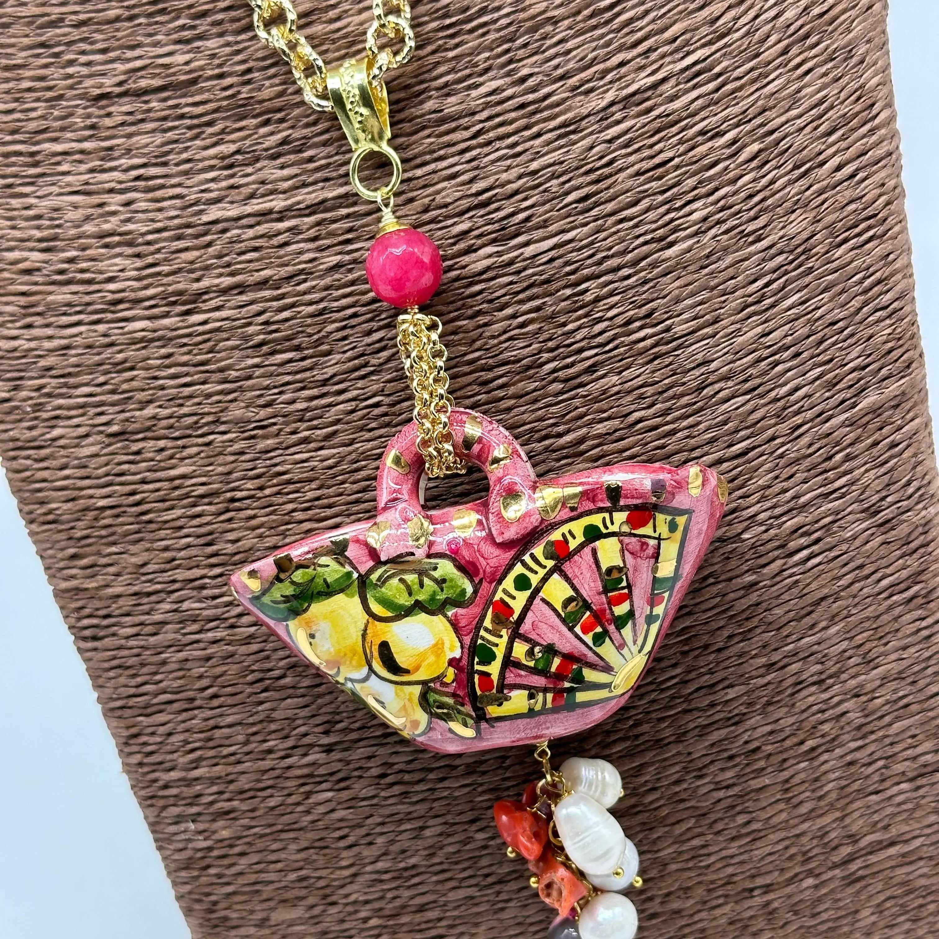 Collana Coffa Siciliana decorata Carretto Siciliano Ceramica di Caltagirone V.2 DD CERAMICHE SICILIANE