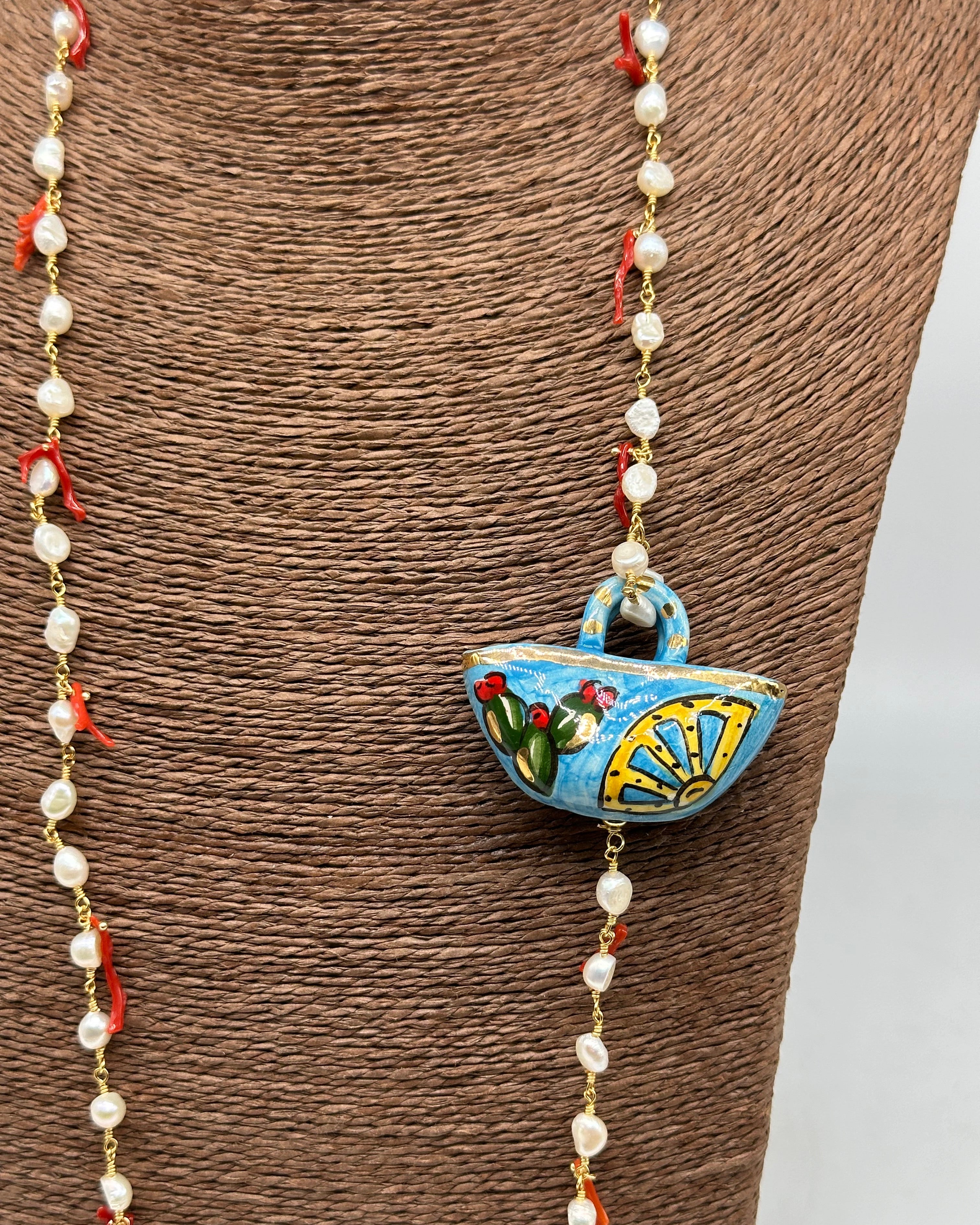 Collana Coffa Siciliana decorata Ceramica di Caltagirone Perle e Corallo V.2 - BIJOUX