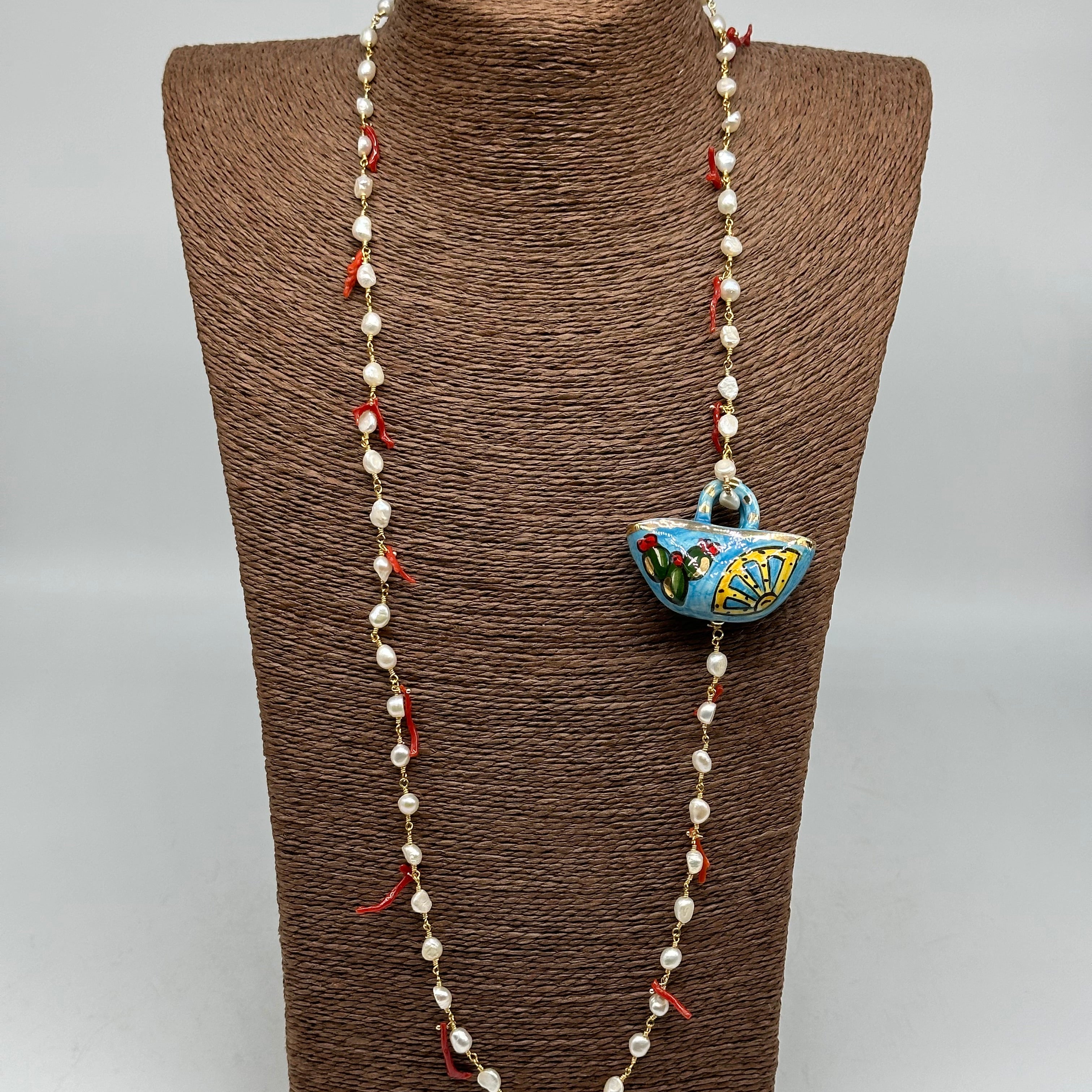 Collana Coffa Siciliana decorata Ceramica di Caltagirone Perle e Corallo V.2 - BIJOUX