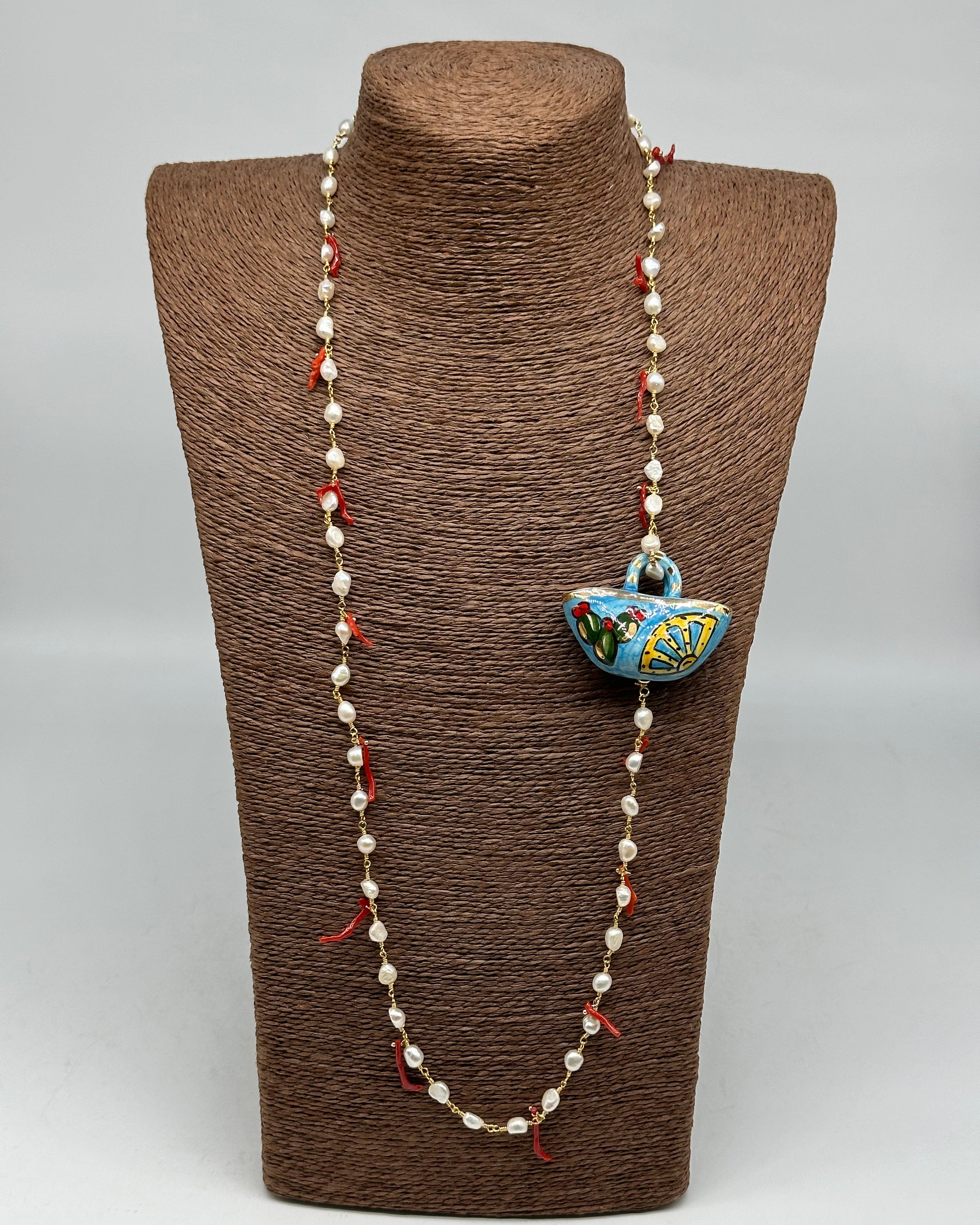 Collana Coffa Siciliana decorata Ceramica di Caltagirone Perle e Corallo V.2 - BIJOUX