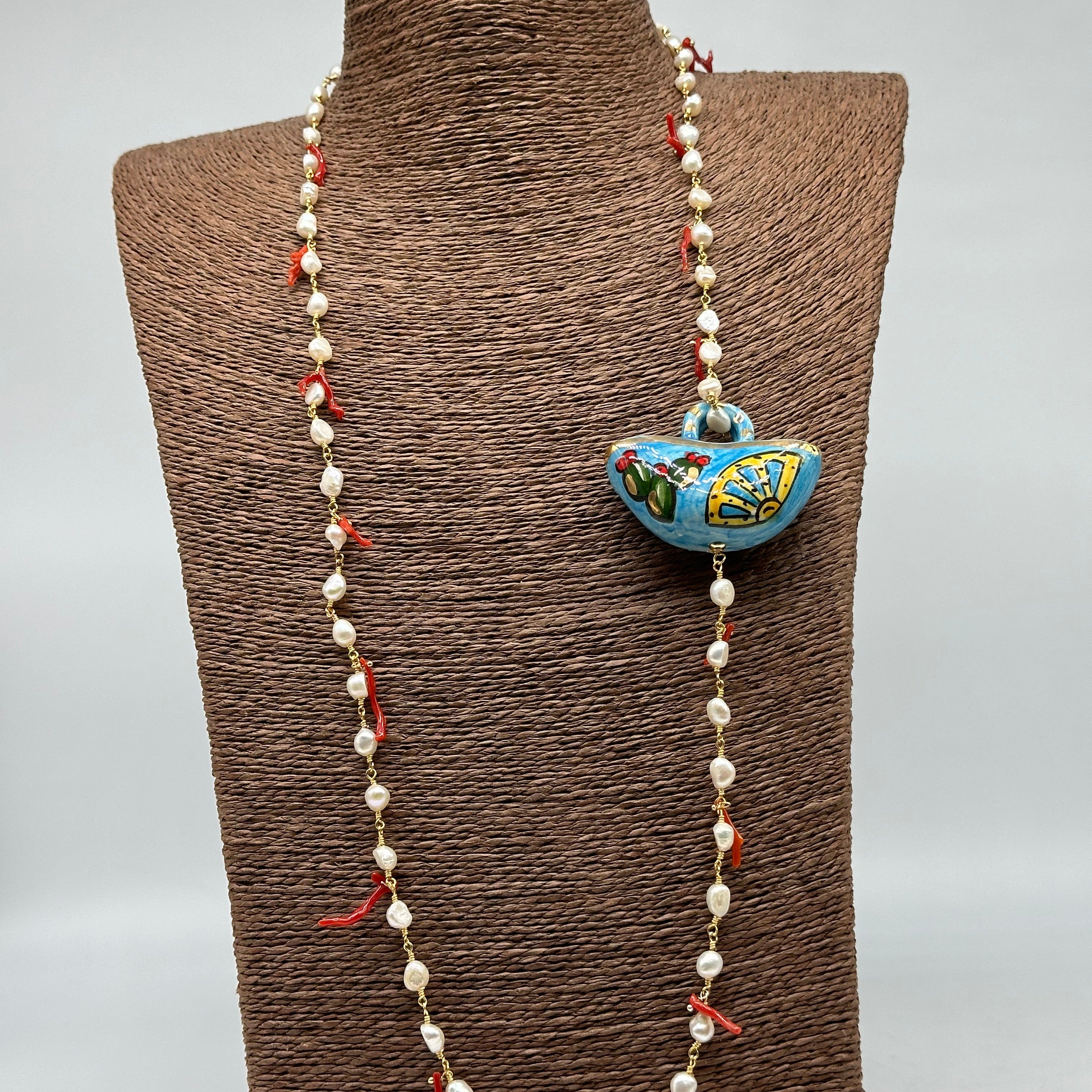 Collana Coffa Siciliana decorata Ceramica di Caltagirone Perle e Corallo V.2 - BIJOUX