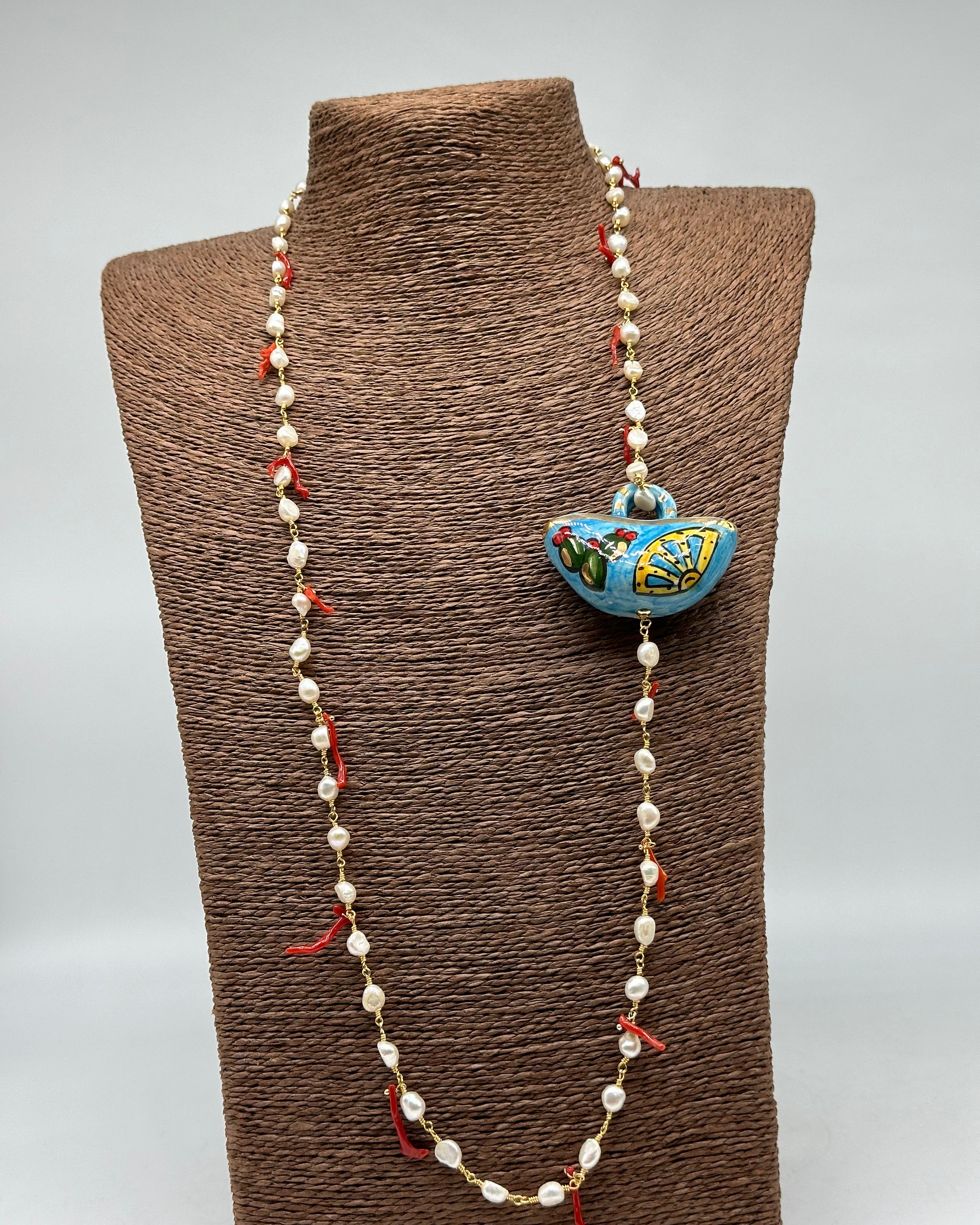 Collana Coffa Siciliana decorata Ceramica di Caltagirone Perle e Corallo V.2 - BIJOUX