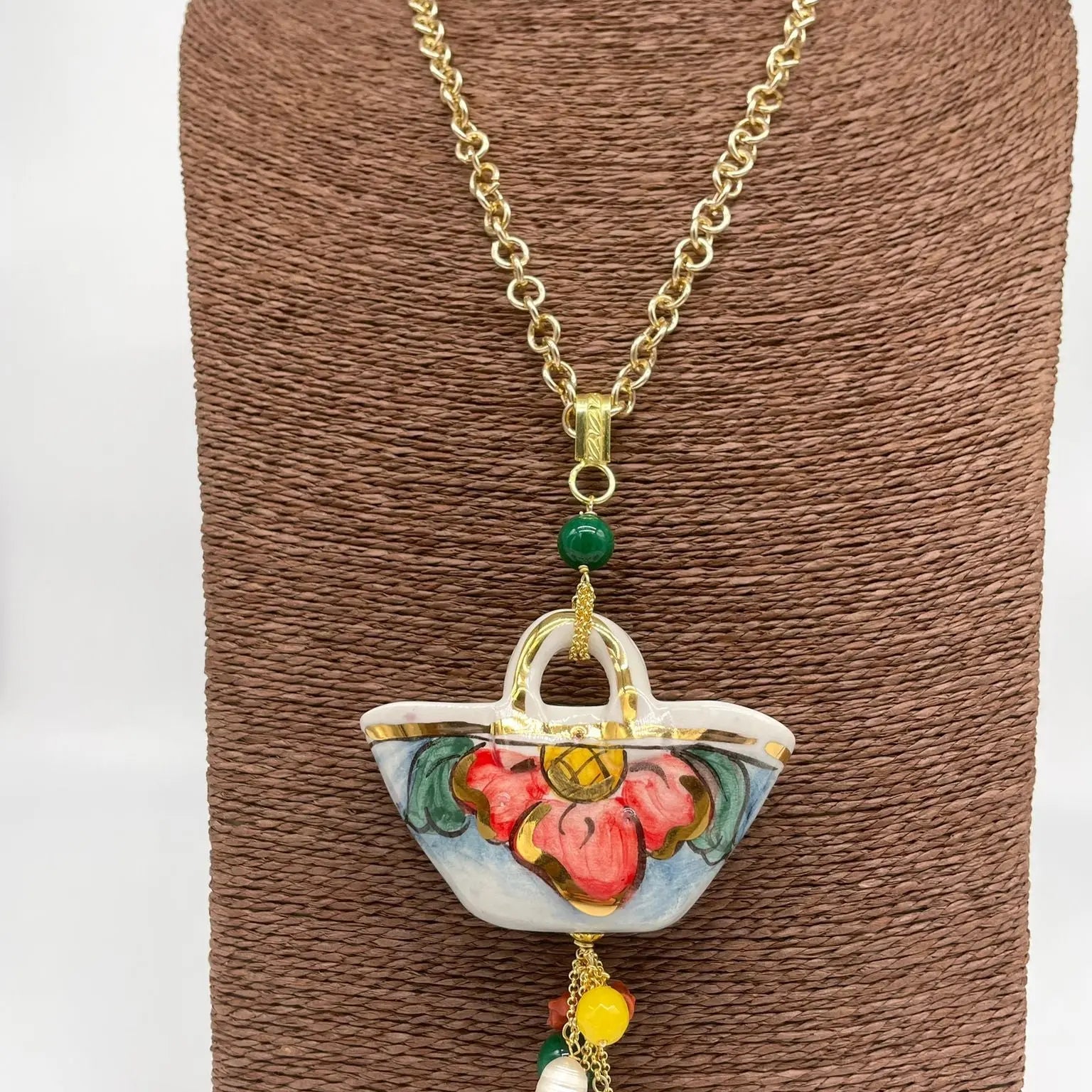 Collana Coffa Siciliana decorata Bianco Ceramica di Caltagirone - DD CERAMICHE SICILIANE