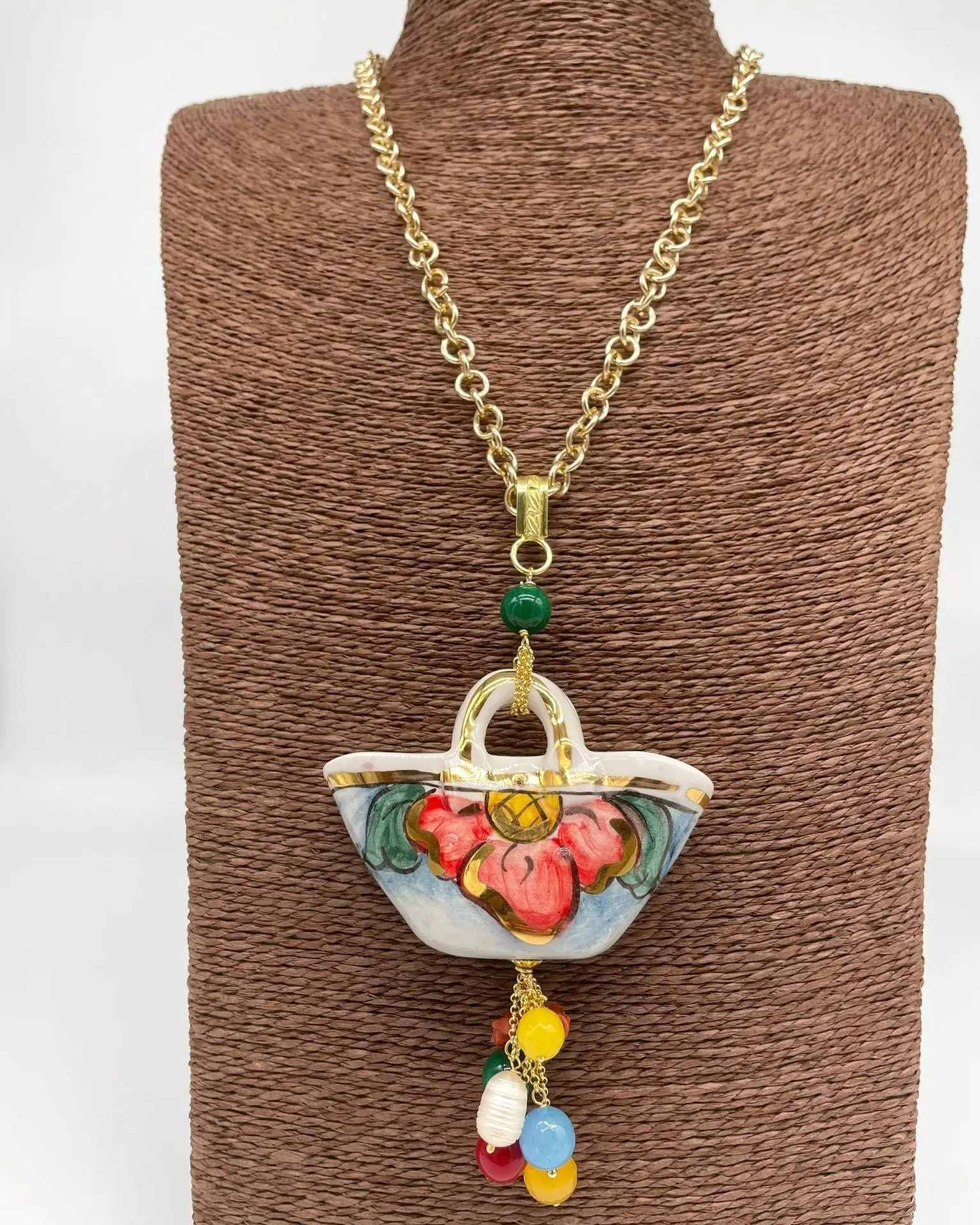 Collana Coffa Siciliana decorata Bianco Ceramica di Caltagirone - DD CERAMICHE SICILIANE