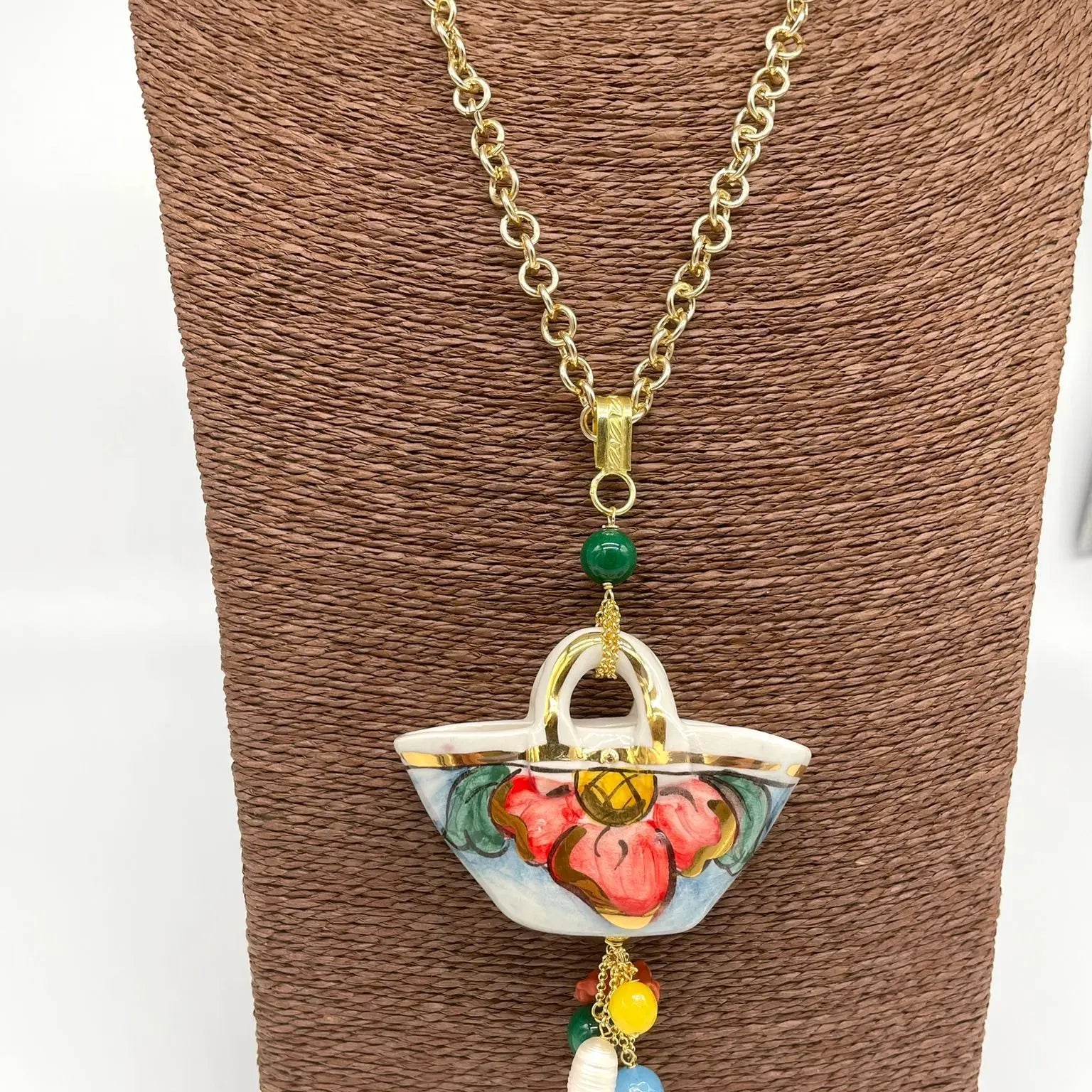 Collana Coffa Siciliana decorata Bianco Ceramica di Caltagirone - DD CERAMICHE SICILIANE