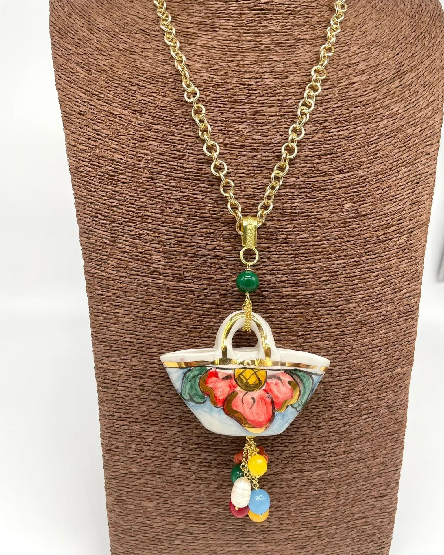 Collana Coffa Siciliana decorata Bianco Ceramica di Caltagirone - DD CERAMICHE SICILIANE