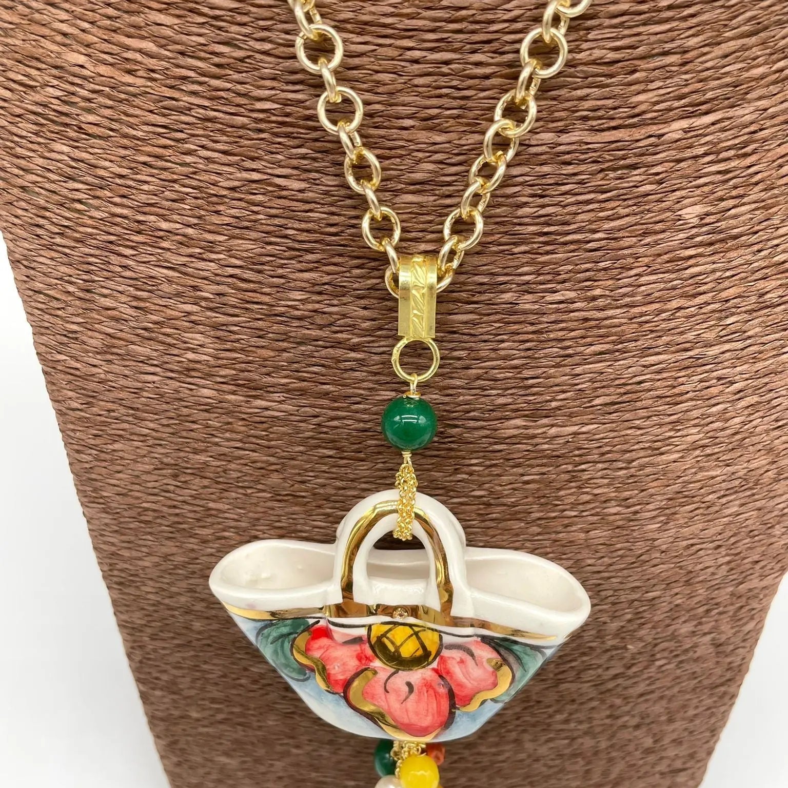 Collana Coffa Siciliana decorata Bianco Ceramica di Caltagirone - DD CERAMICHE SICILIANE