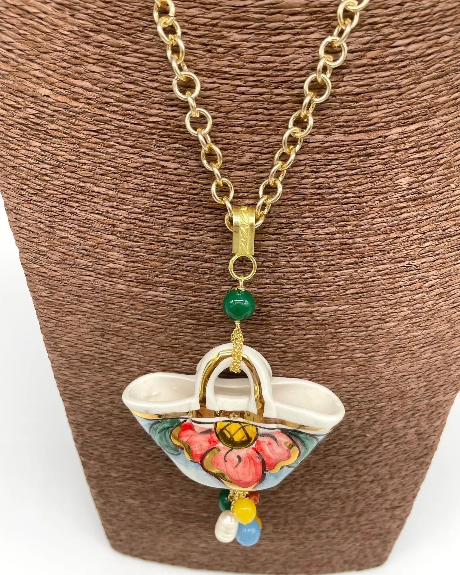 Collana Coffa Siciliana decorata Bianco Ceramica di Caltagirone - DD CERAMICHE SICILIANE