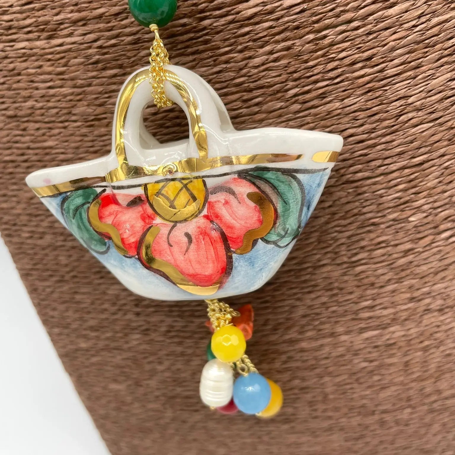 Collana Coffa Siciliana decorata Bianco Ceramica di Caltagirone - DD CERAMICHE SICILIANE