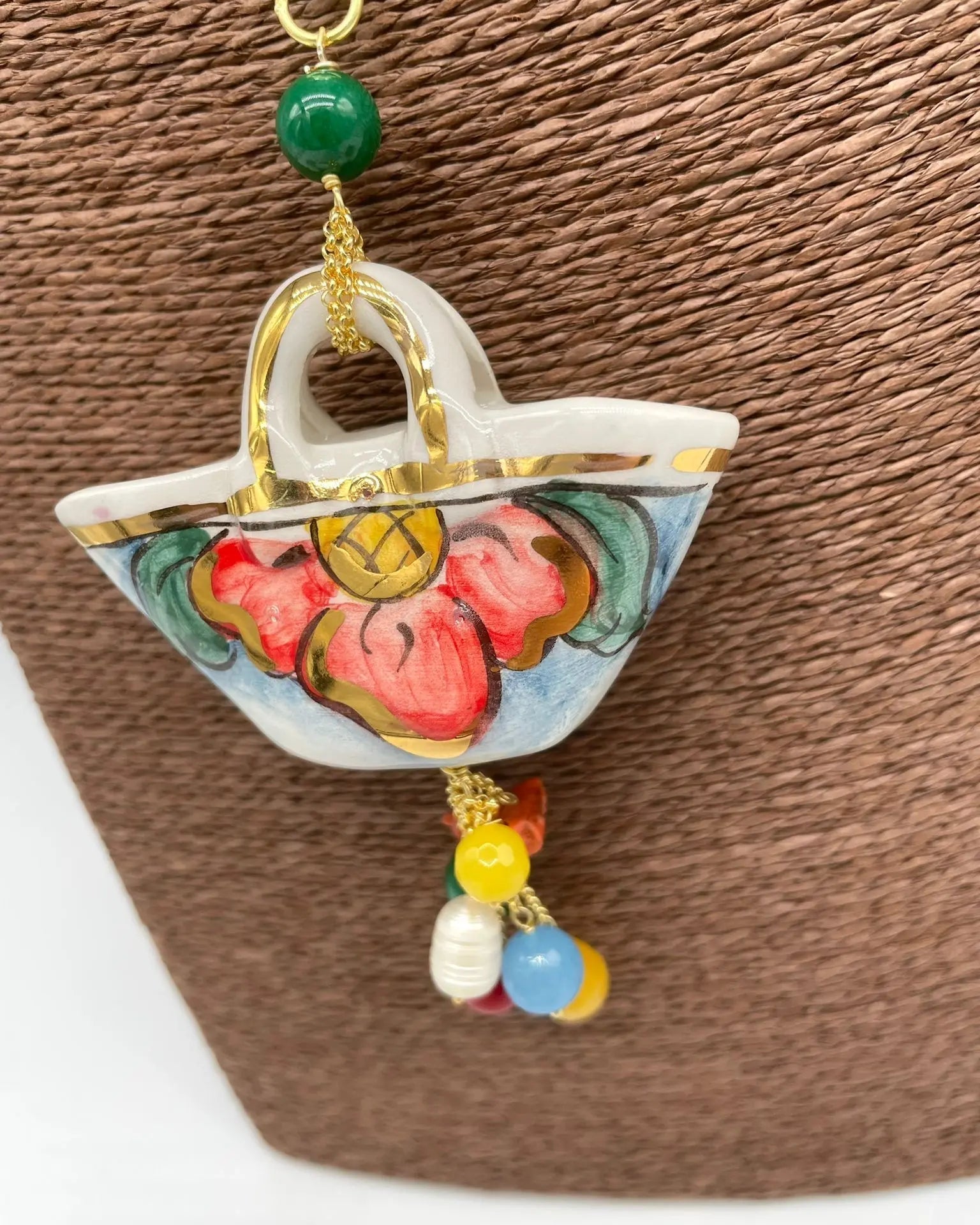Collana Coffa Siciliana decorata Bianco Ceramica di Caltagirone - DD CERAMICHE SICILIANE