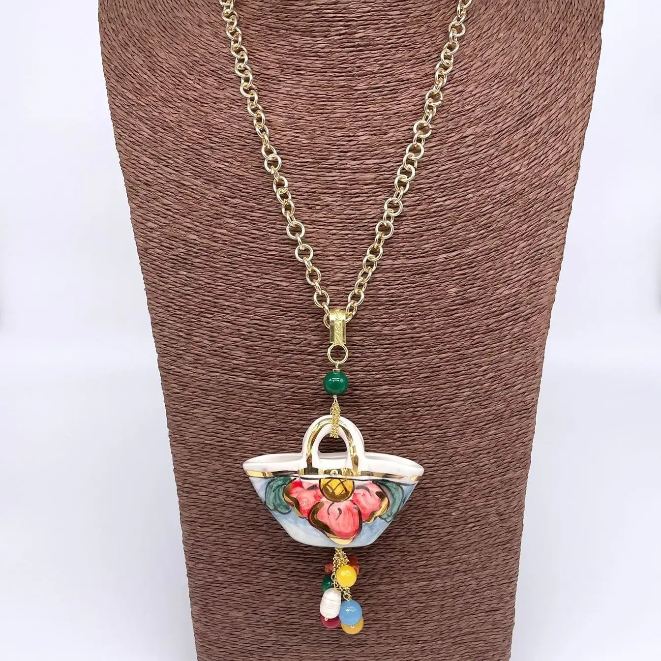 Collana Coffa Siciliana decorata Bianco Ceramica di Caltagirone - DD CERAMICHE SICILIANE