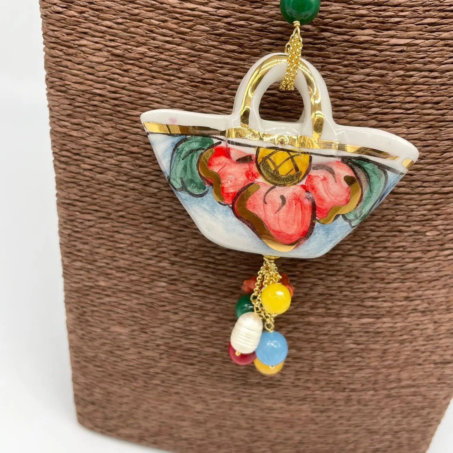 Collana Coffa Siciliana decorata Bianco Ceramica di Caltagirone - DD CERAMICHE SICILIANE