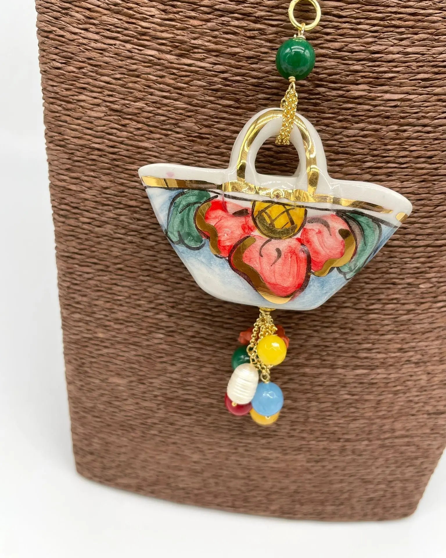 Collana Coffa Siciliana decorata Bianco Ceramica di Caltagirone - DD CERAMICHE SICILIANE