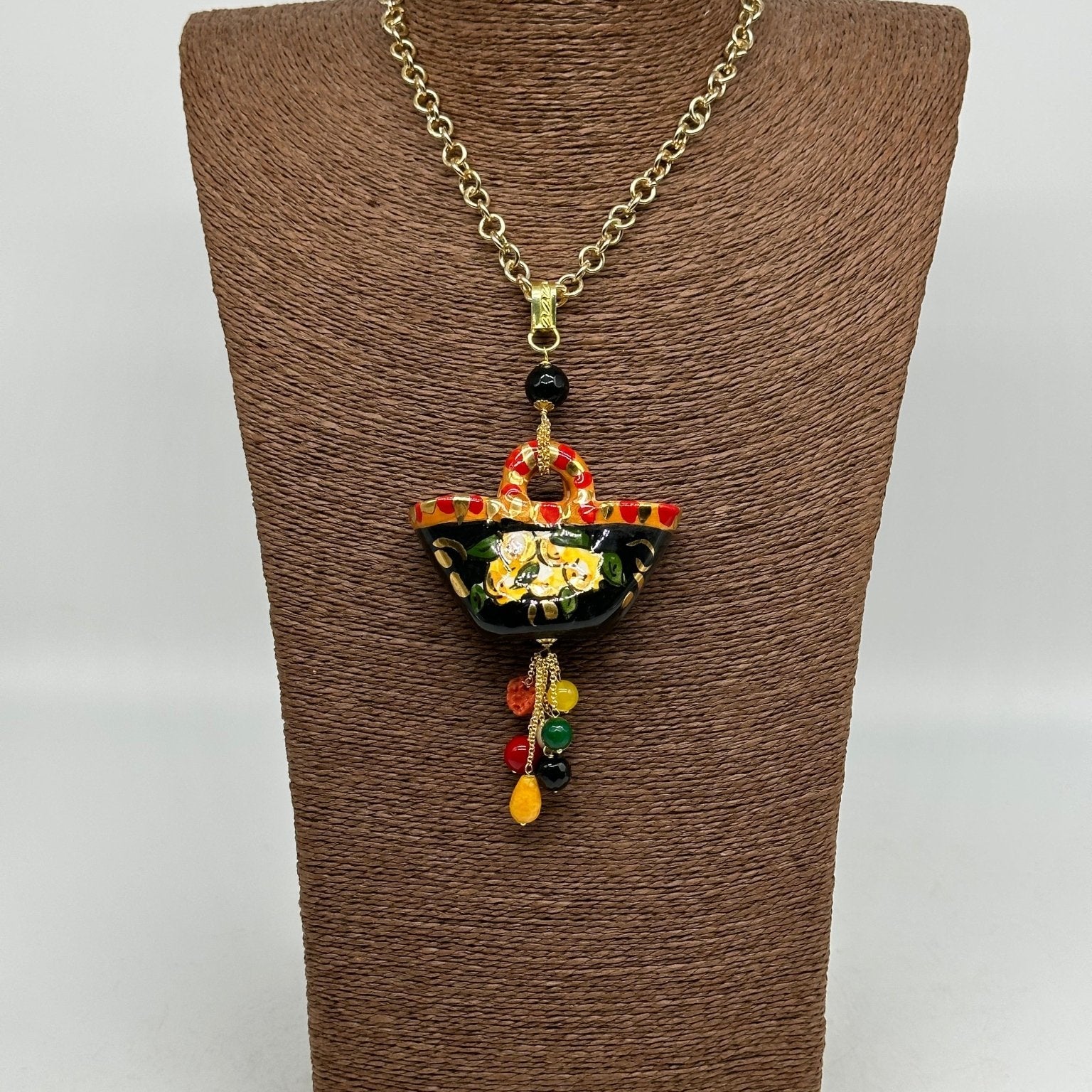 Collana Coffa Siciliana decorata Nero Ceramica di Caltagirone - DD CERAMICHE SICILIANE