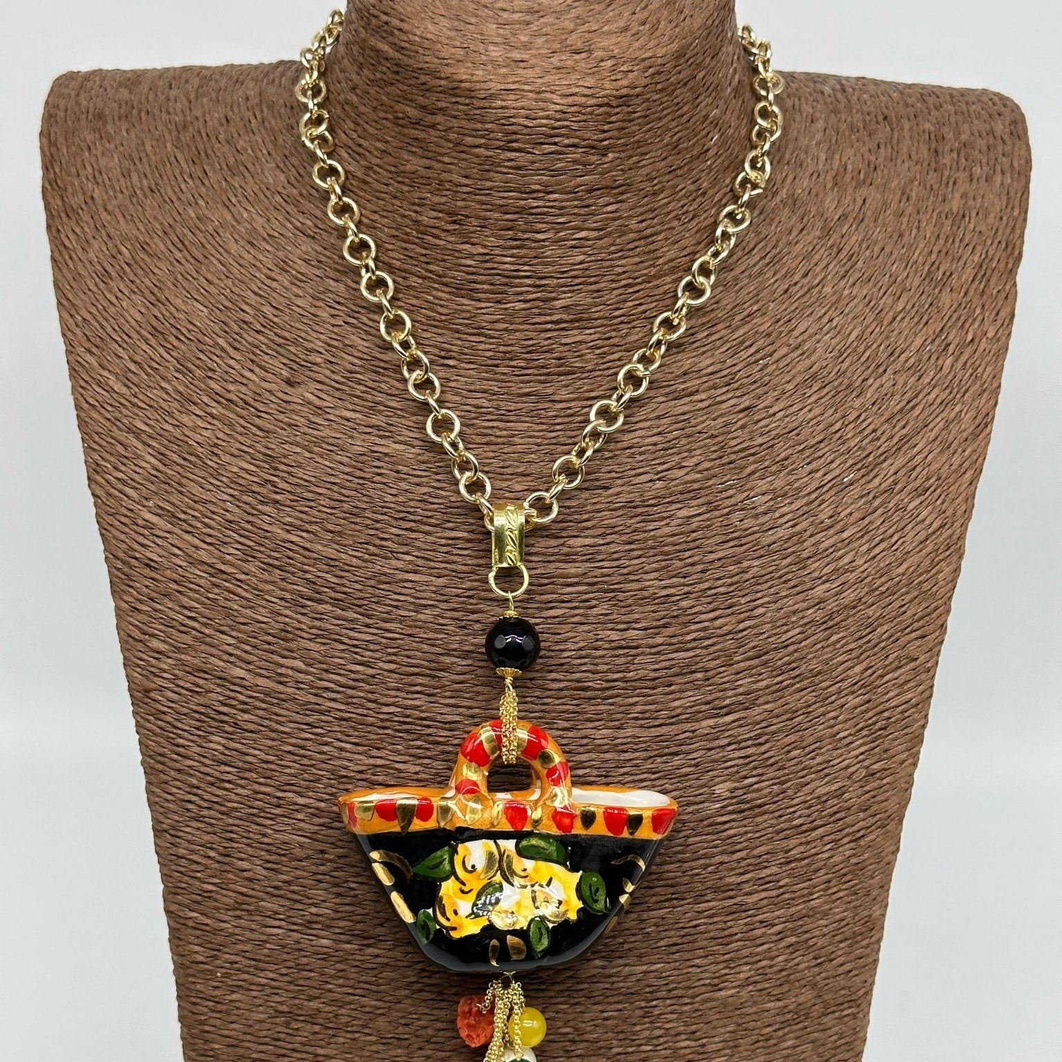 Collana Coffa Siciliana decorata Nero Ceramica di Caltagirone - DD CERAMICHE SICILIANE