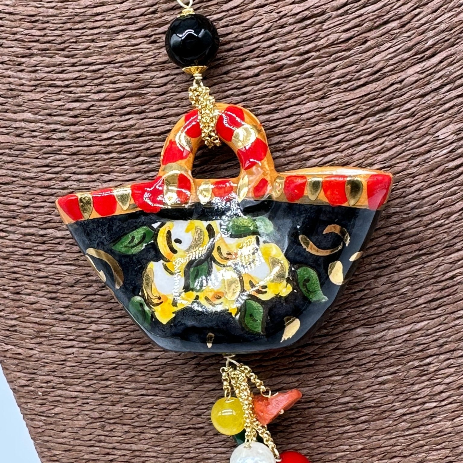 Collana Coffa Siciliana decorata Nero Ceramica di Caltagirone - DD CERAMICHE SICILIANE