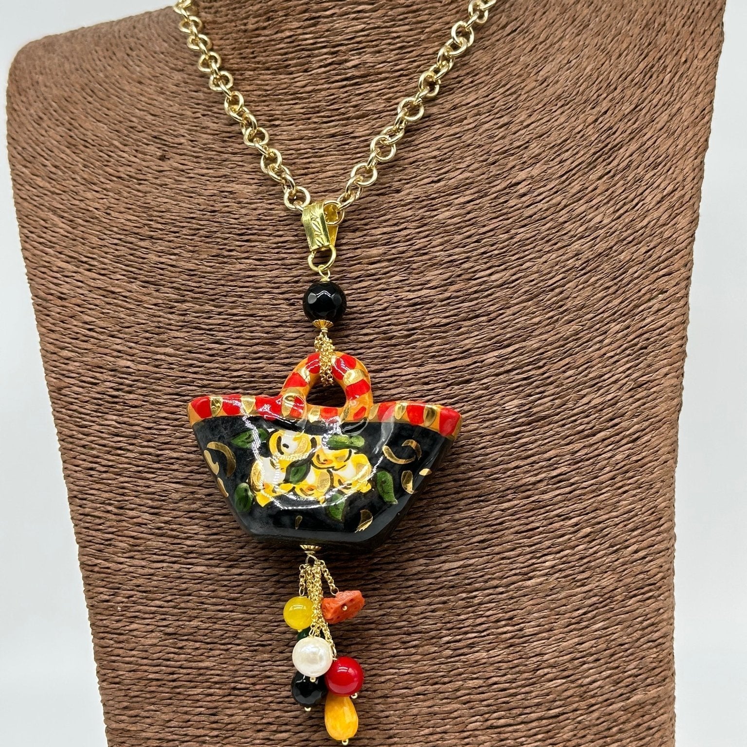 Collana Coffa Siciliana decorata Nero Ceramica di Caltagirone - DD CERAMICHE SICILIANE