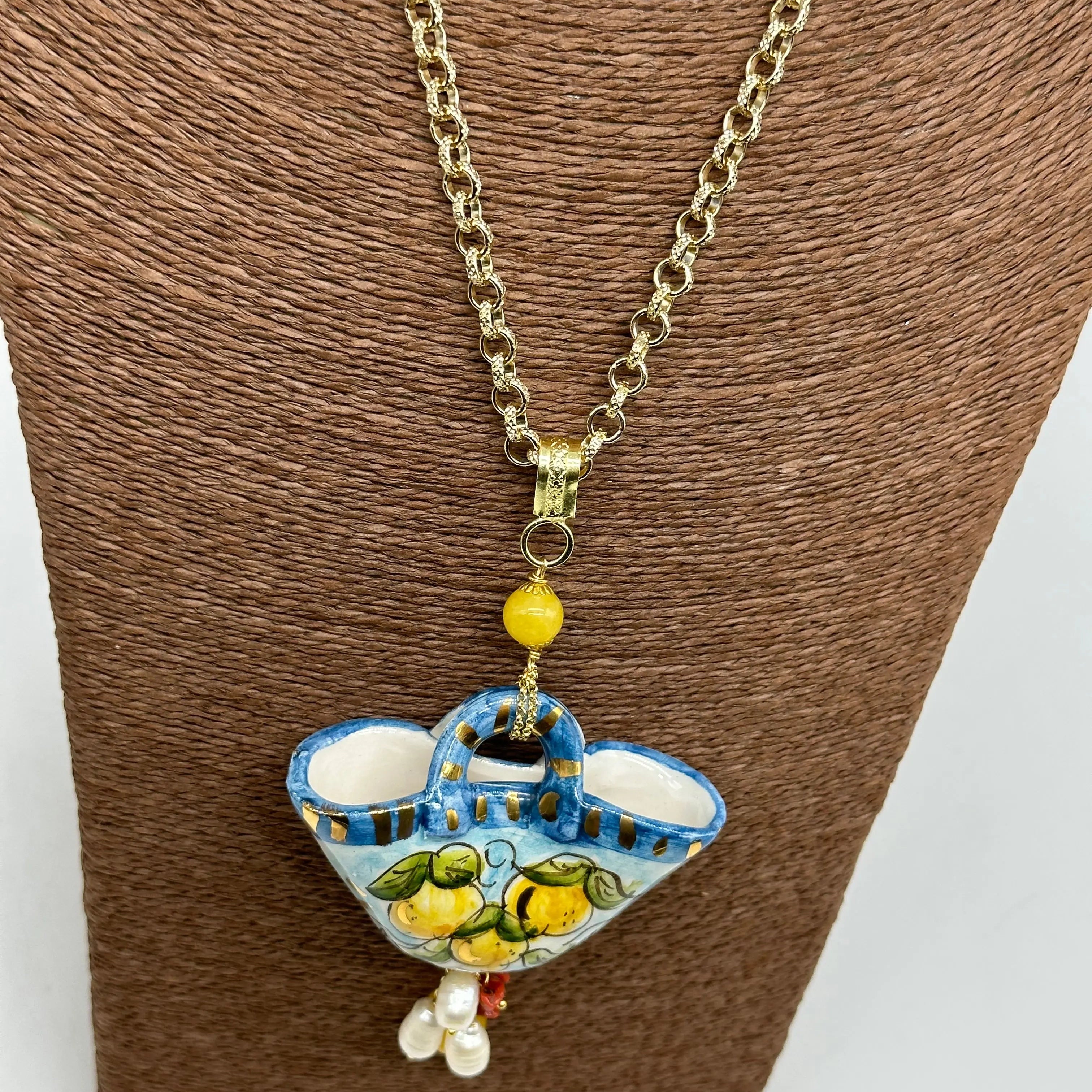 Collana Coffa Siciliana decorata Limoni Ceramica di Caltagirone DD CERAMICHE SICILIANE