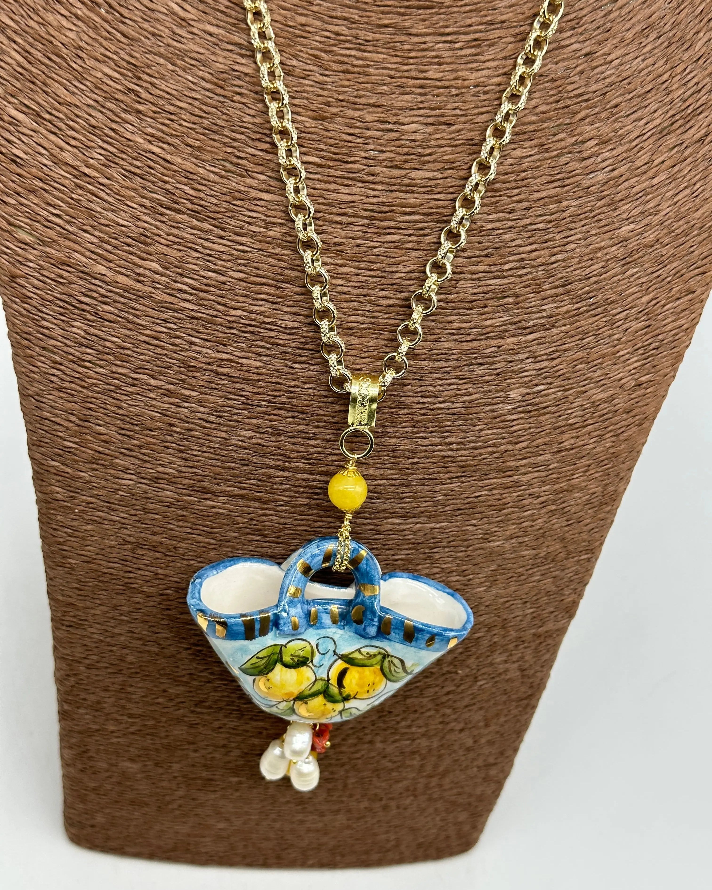 Collana Coffa Siciliana decorata Limoni Ceramica di Caltagirone DD CERAMICHE SICILIANE