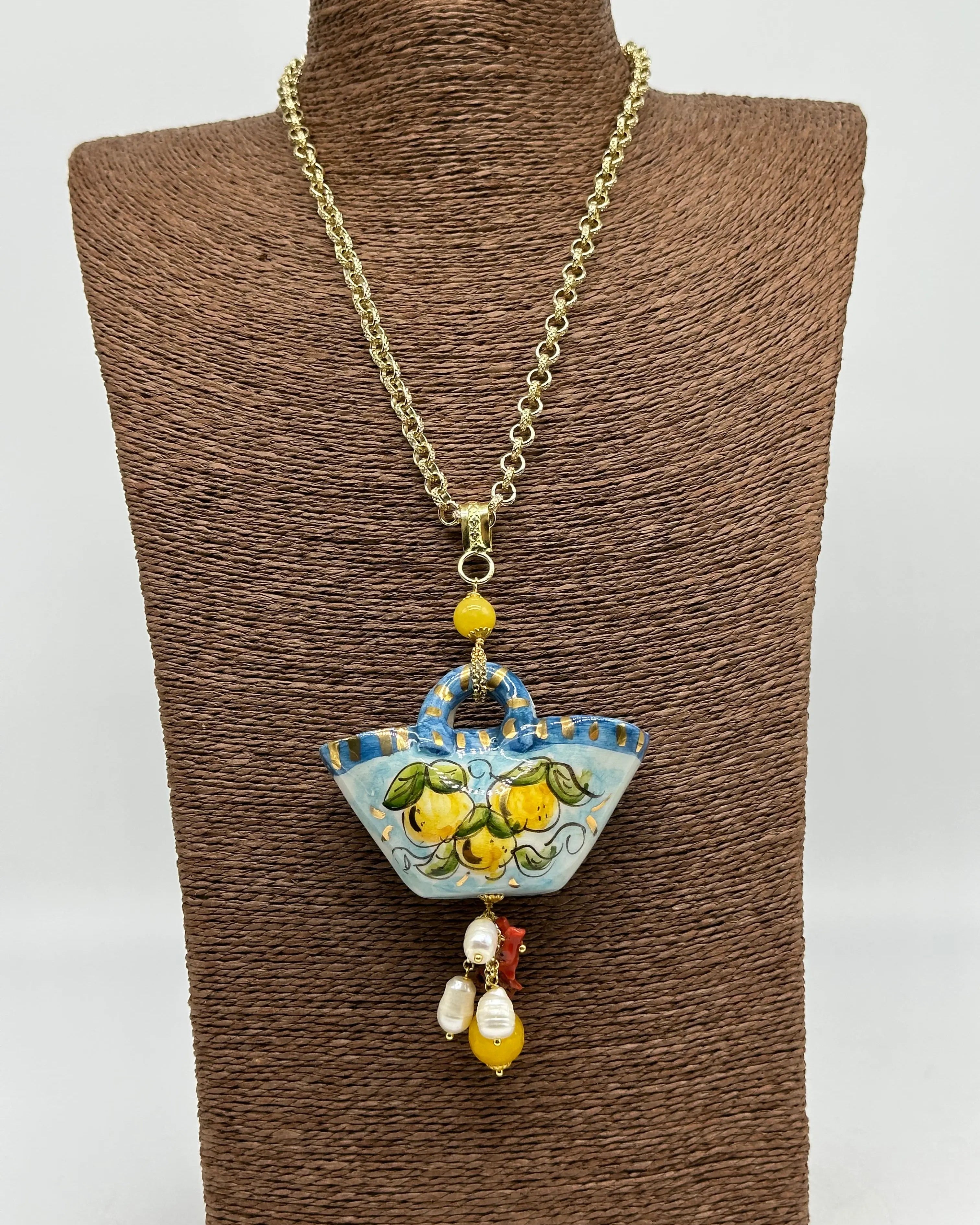 Collana Coffa Siciliana decorata Limoni Ceramica di Caltagirone DD CERAMICHE SICILIANE