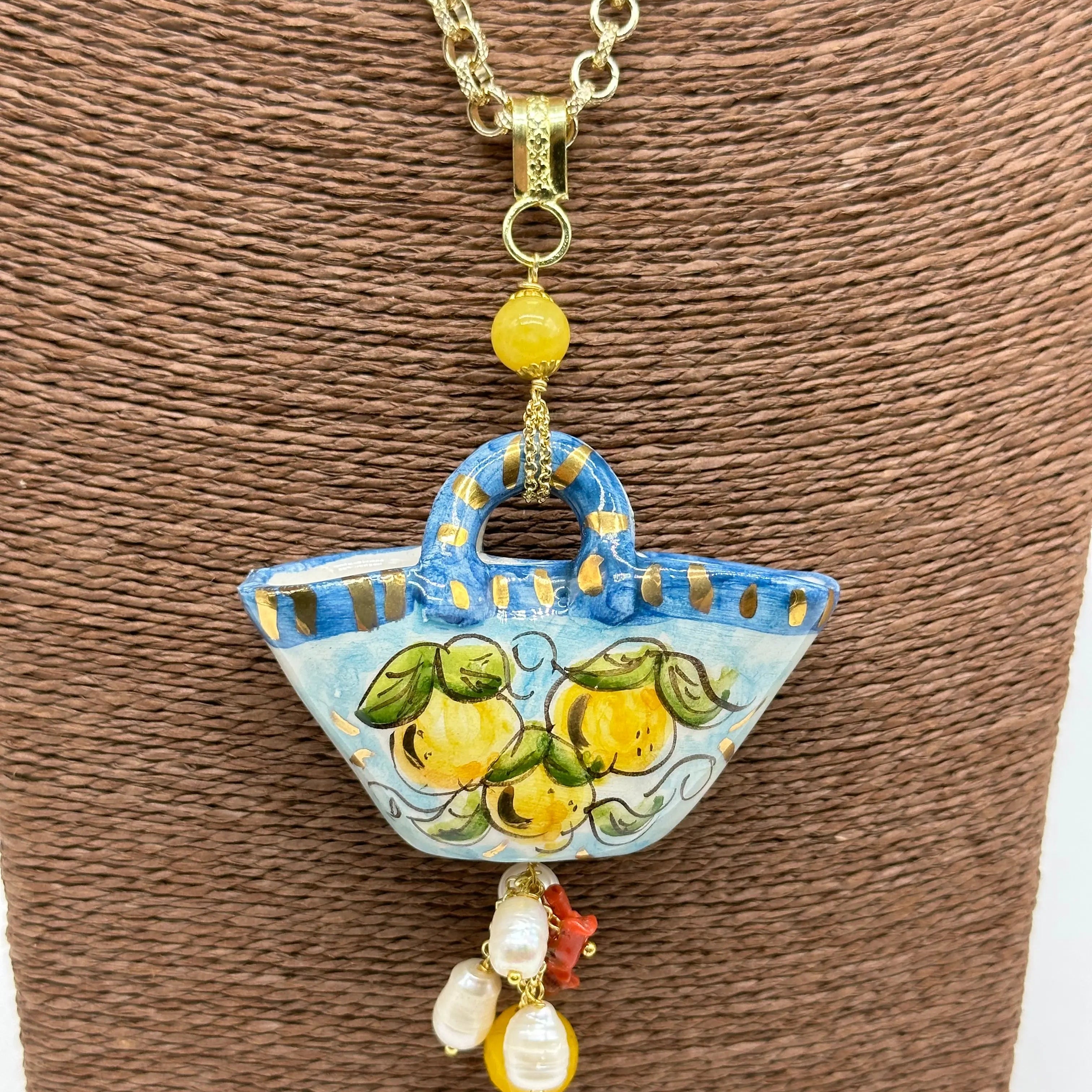 Collana Coffa Siciliana decorata Limoni Ceramica di Caltagirone DD CERAMICHE SICILIANE