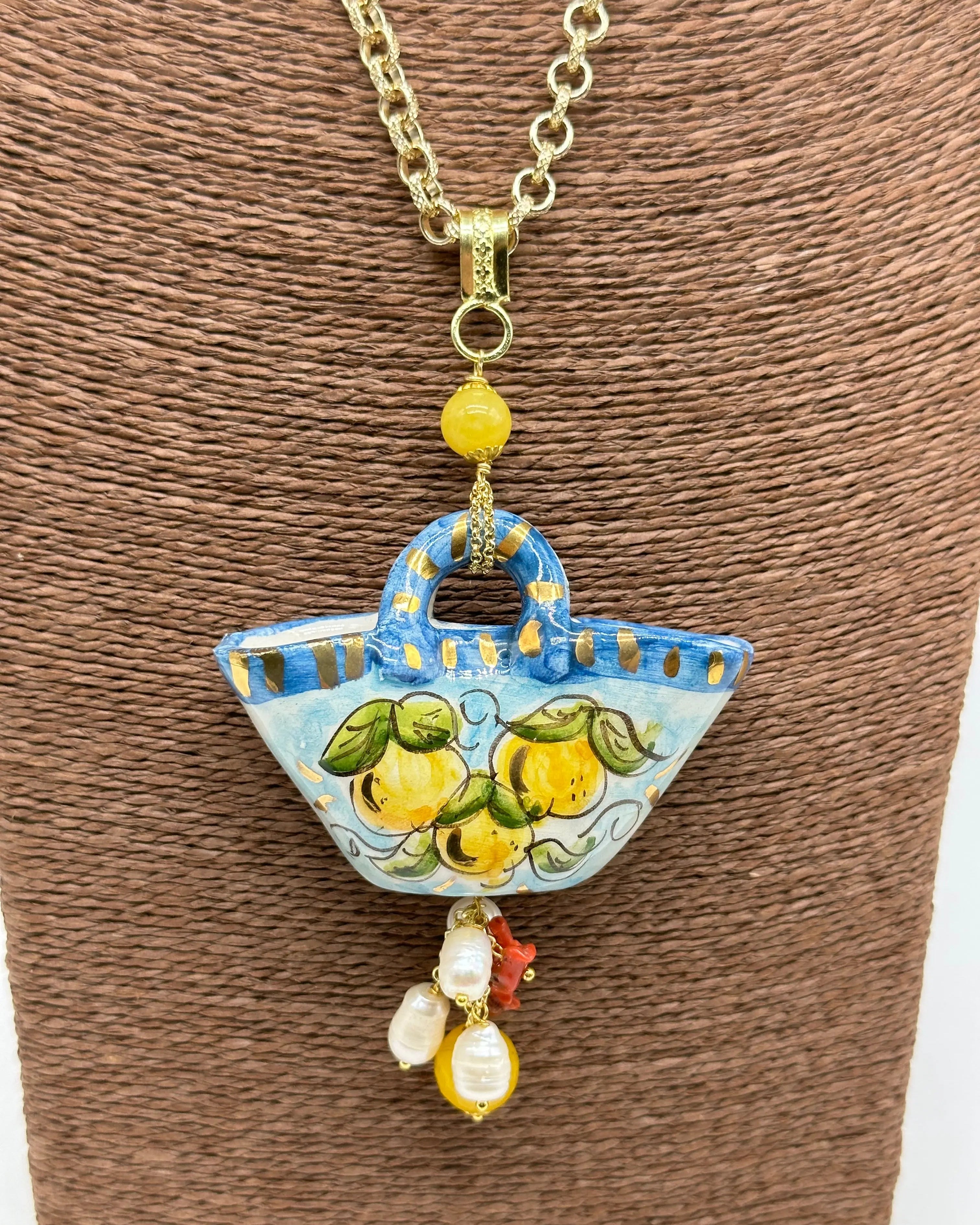 Collana Coffa Siciliana decorata Limoni Ceramica di Caltagirone DD CERAMICHE SICILIANE