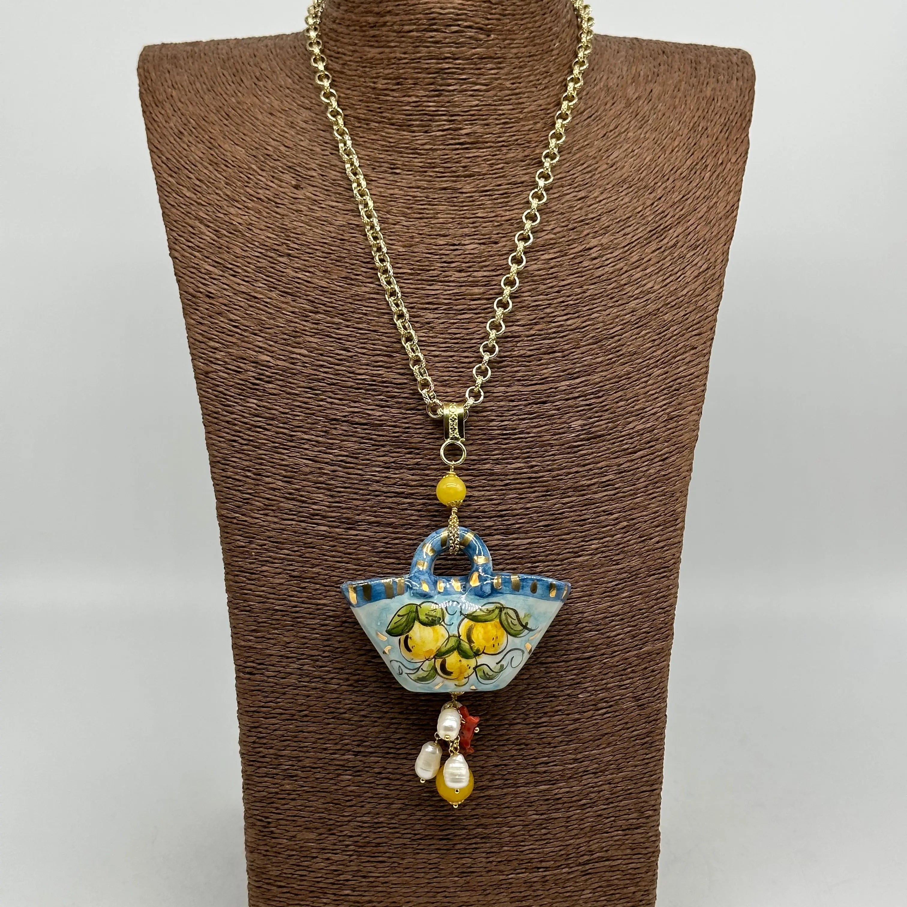 Collana Coffa Siciliana decorata Limoni Ceramica di Caltagirone DD CERAMICHE SICILIANE