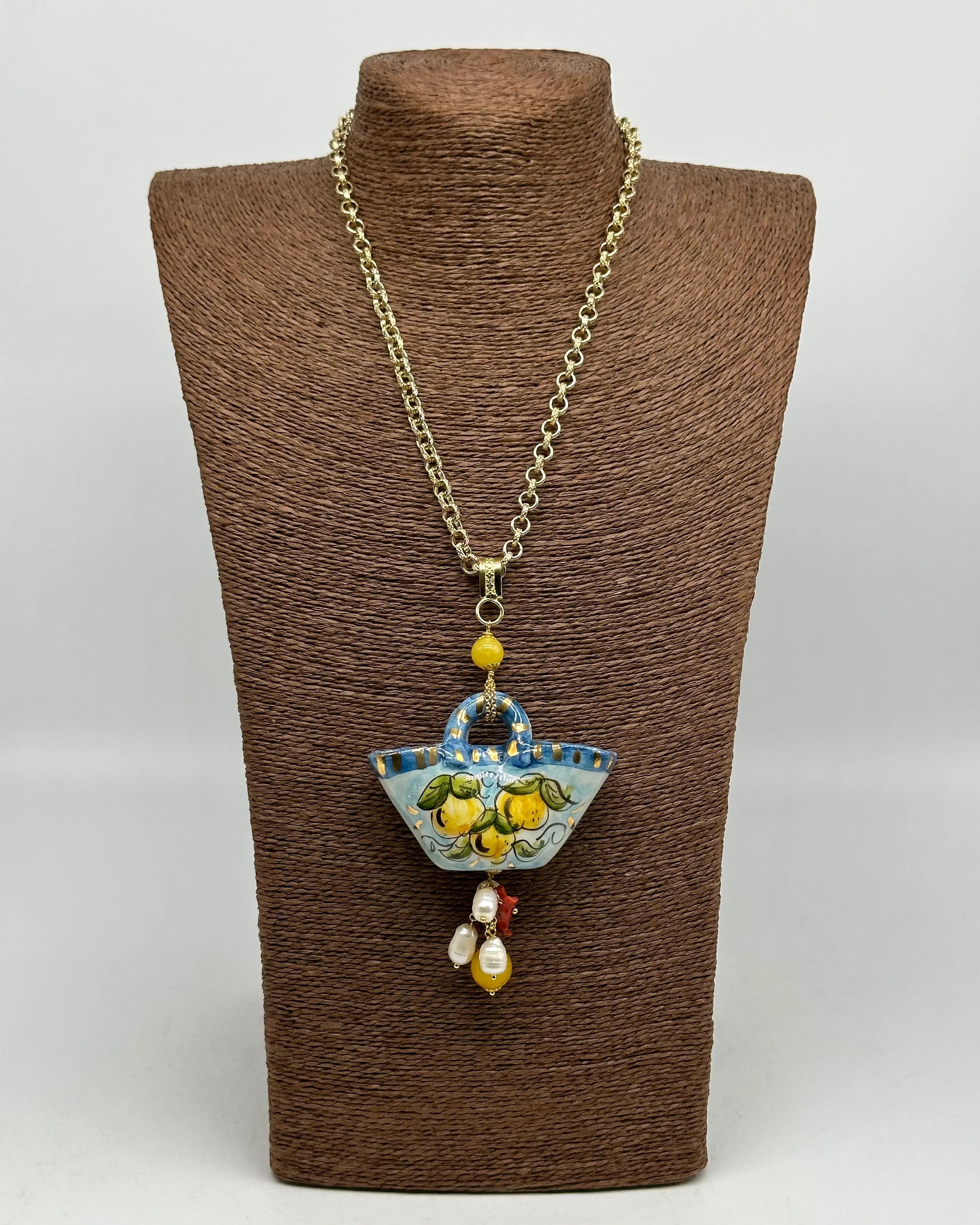Collana Coffa Siciliana decorata Limoni Ceramica di Caltagirone DD CERAMICHE SICILIANE