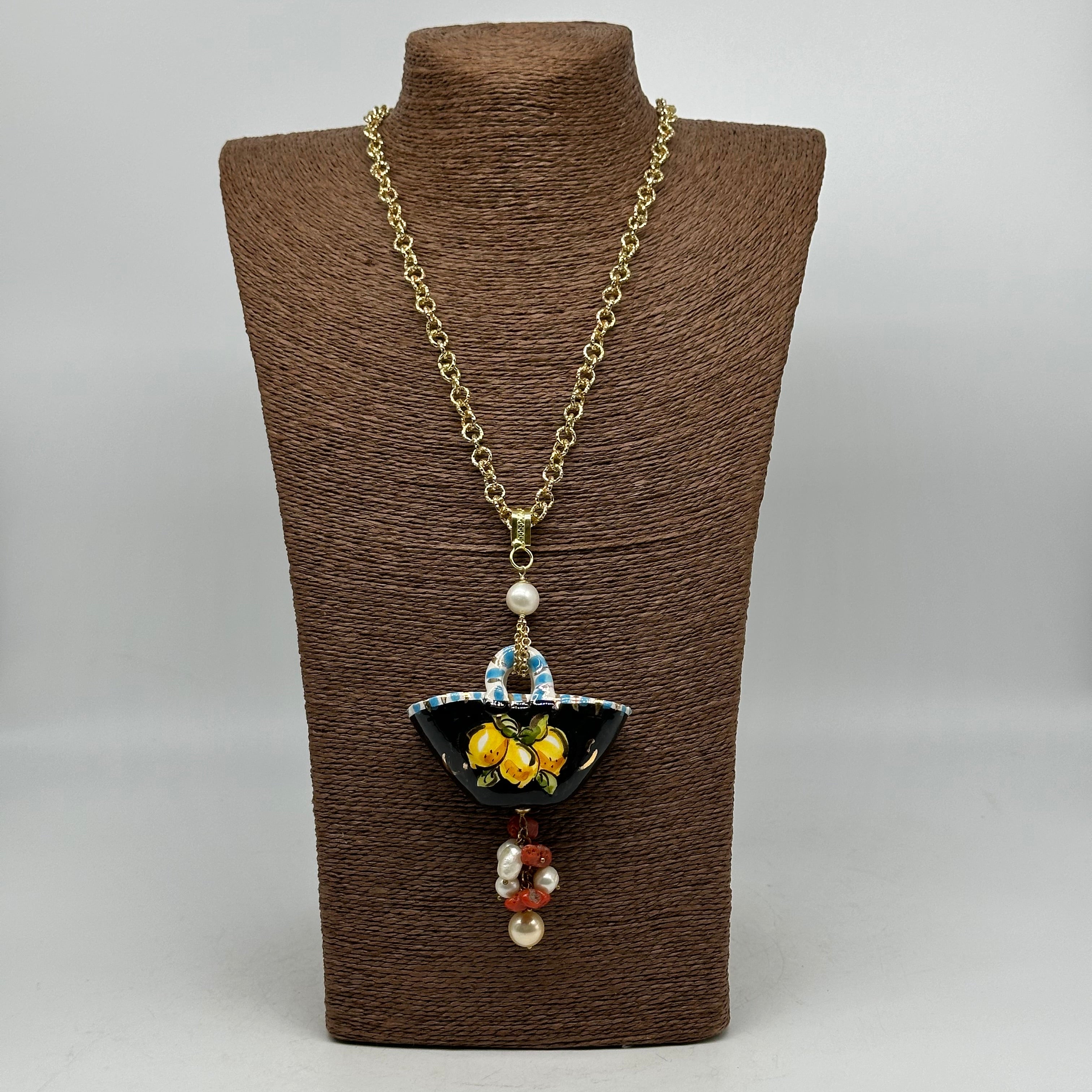 Collana Coffa Siciliana decorata Nero Ceramica di Caltagirone V.2 - COLLANA