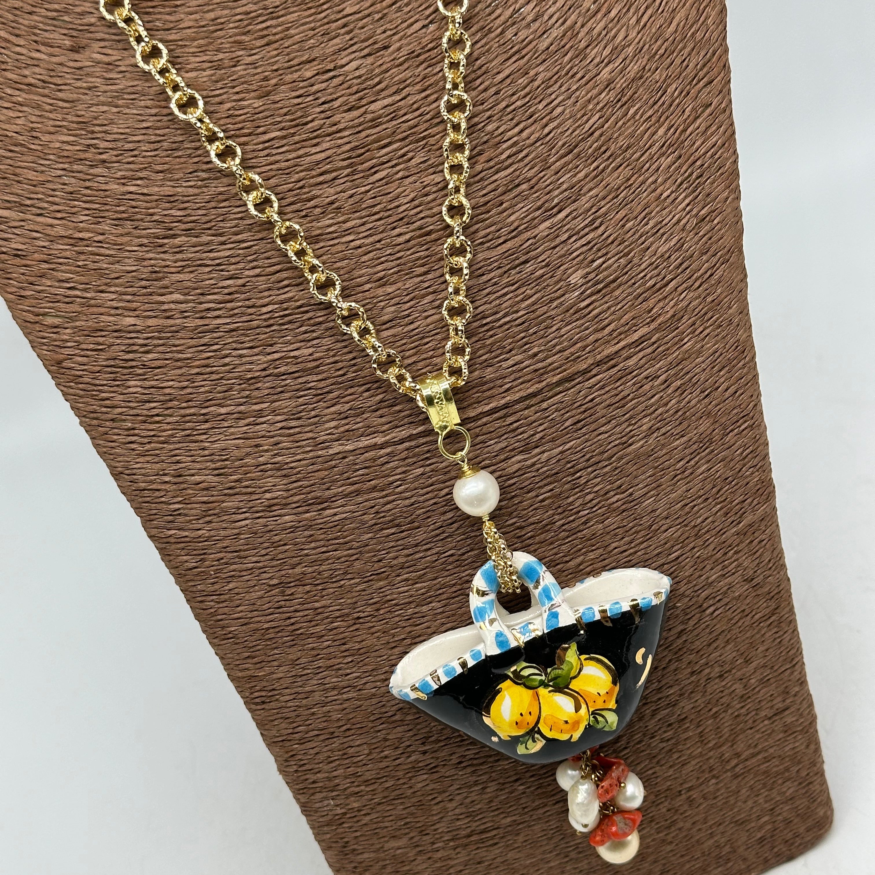 Collana Coffa Siciliana decorata Nero Ceramica di Caltagirone V.2 - COLLANA